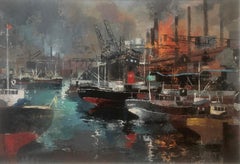 Industrial port Barcelona Spain spanish urbanscape oil on canvas painting 