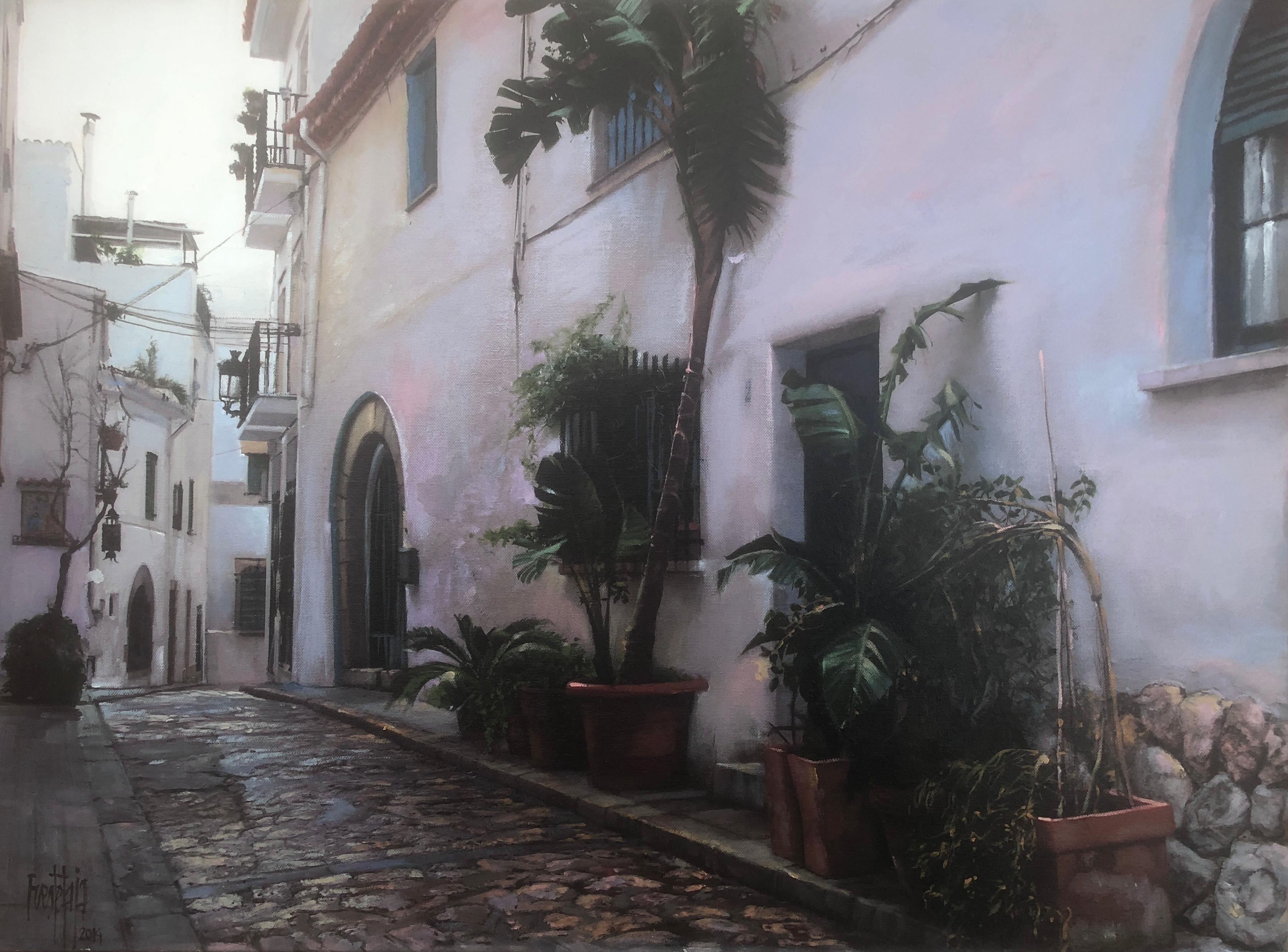 José Luis Fuentetaja Landscape Painting - Corner of Sitges mixed media on canvas urbanscape Spain