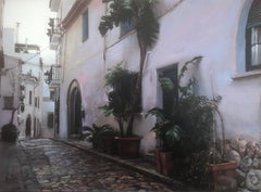 Corner of Sitges mixed media on canvas urbanscape Spain