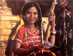 Retro Nepalese girl mixed media on canvas