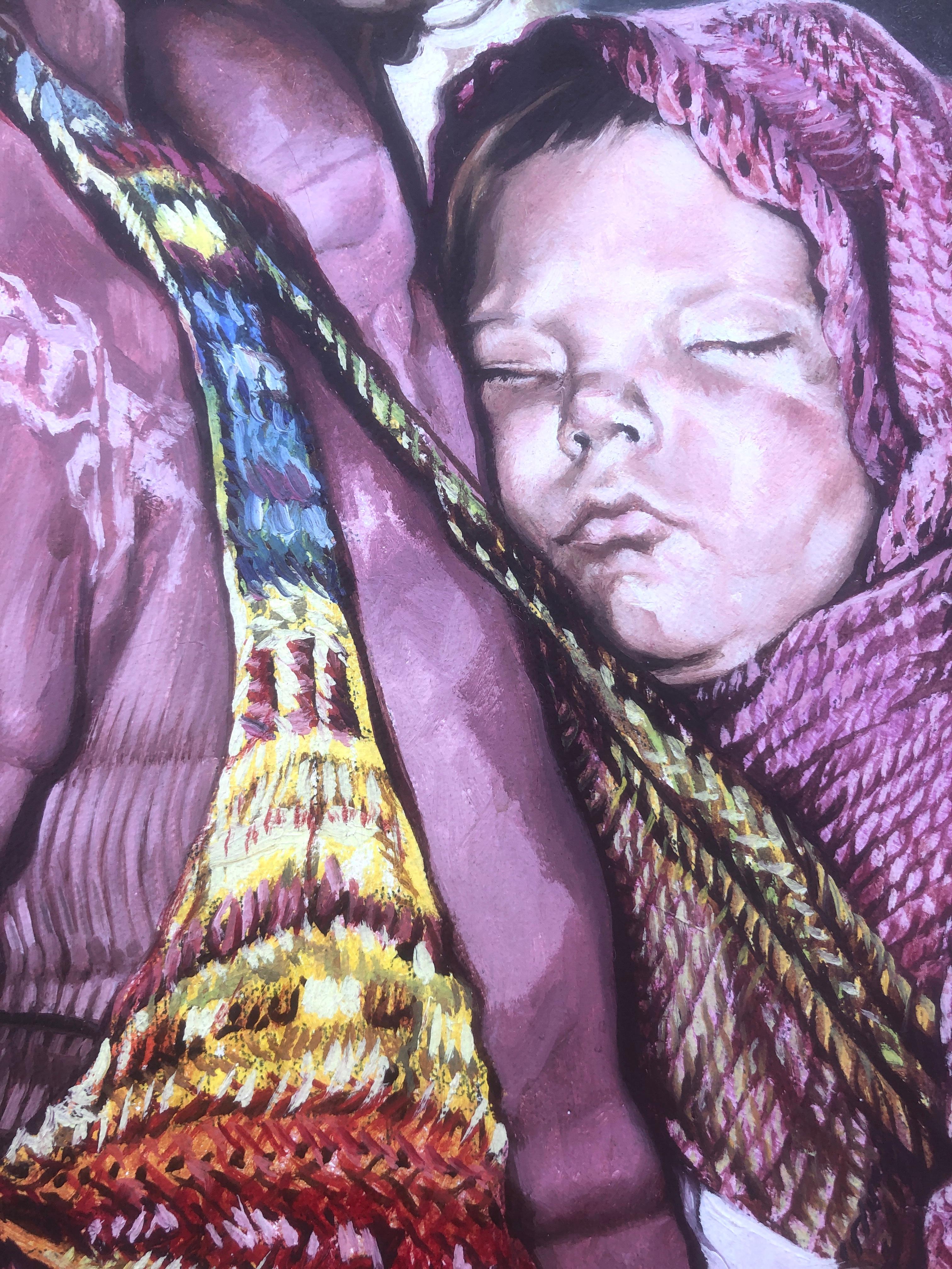 Paternidad óleo acrílico sobre lienzo pintura realismo España Sitges años 70 - Figurative Painting Gris de José Luis Fuentetaja