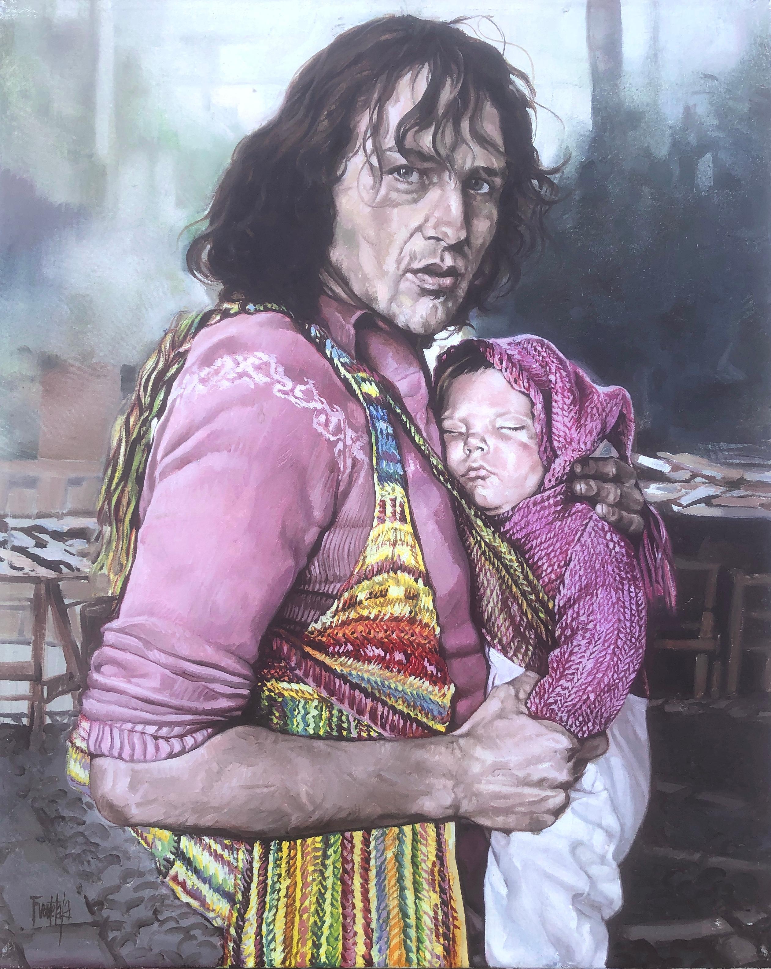 José Luis Fuentetaja Figurative Painting - Paternity oil acrylic on canvas painting realism Spain Sitges 70s