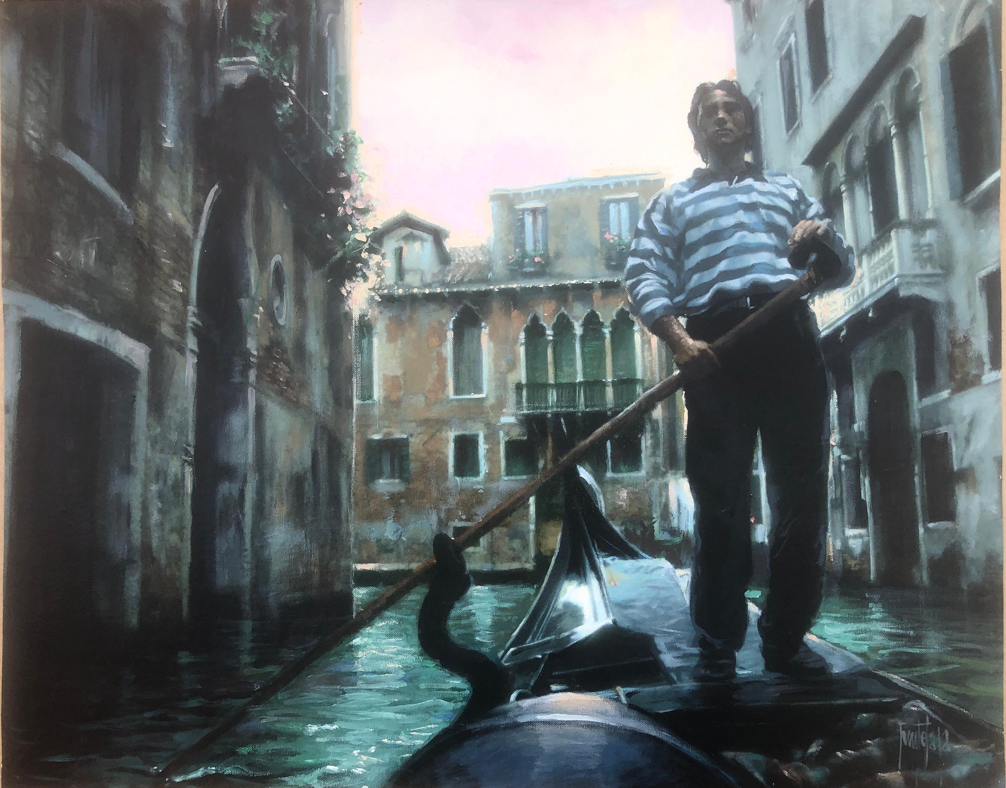 José Luis Fuentetaja Landscape Painting - Venice gondolier mixed media on canvas