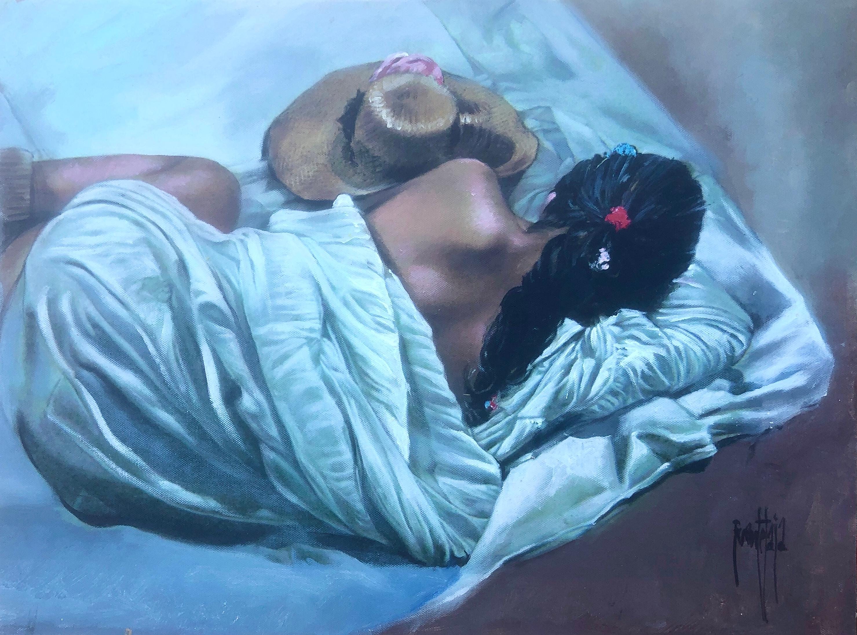 José Luis Fuentetaja Figurative Painting - Woman at rest mixed media on canvas on board nude