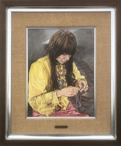 Femme hippie originale huile acrylique sur toile peinture réaliste Espagne Sitges années 70