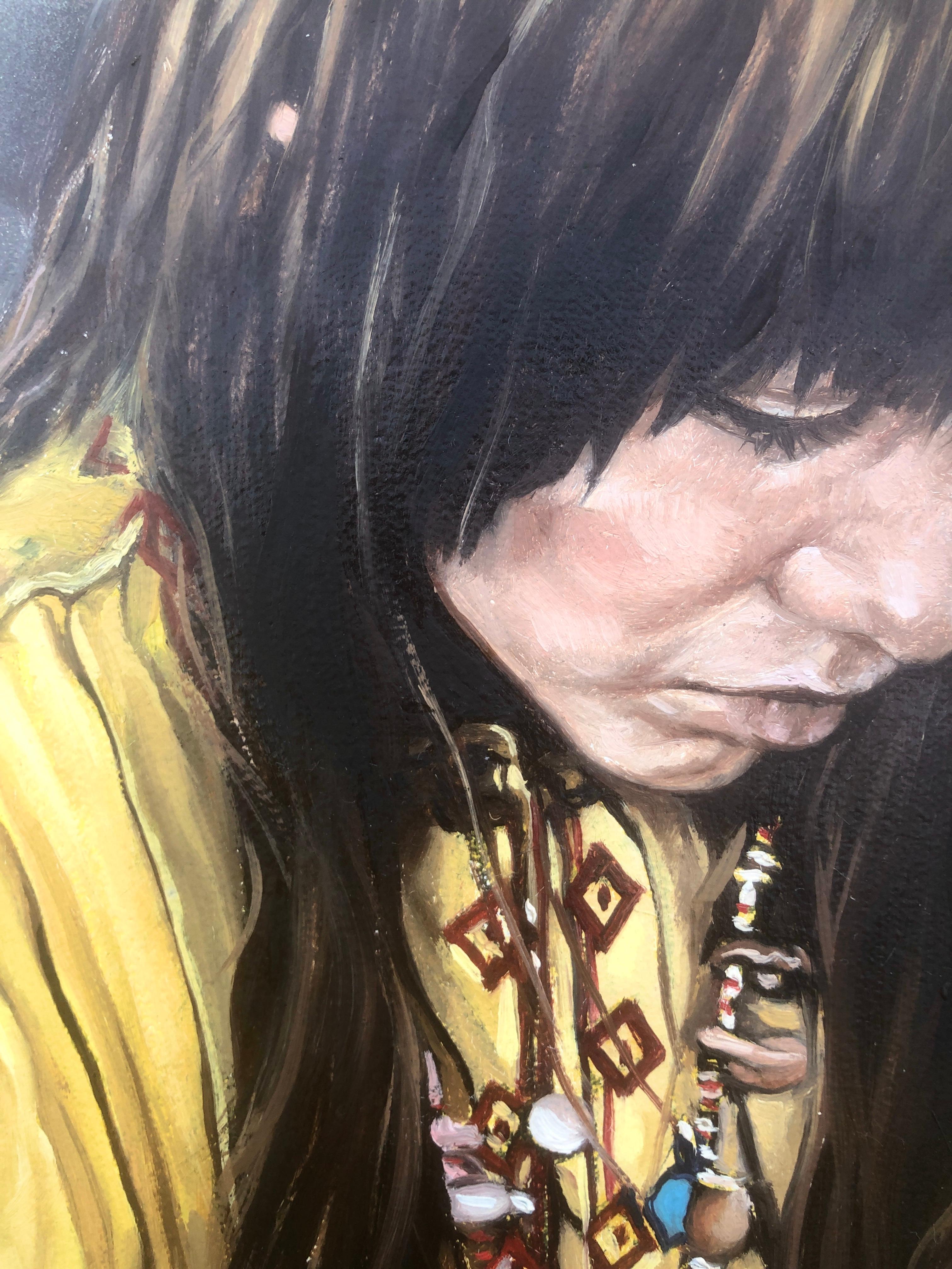 Woman hippie original oil acrylic on canvas painting realism Spain Sitges 70s - Realist Painting by José Luis Fuentetaja
