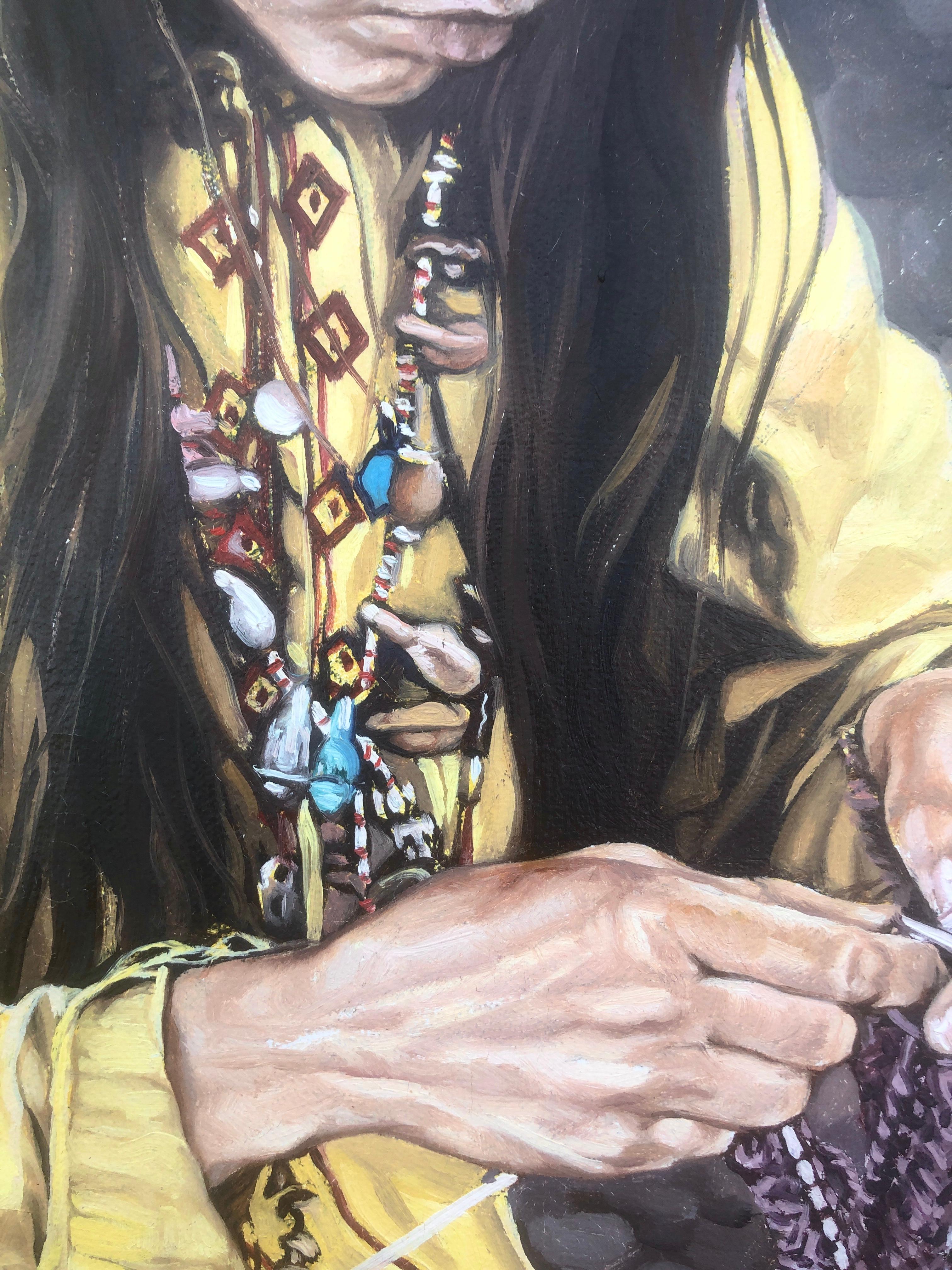 Woman hippie original oil acrylic on canvas painting realism Spain Sitges 70s For Sale 1