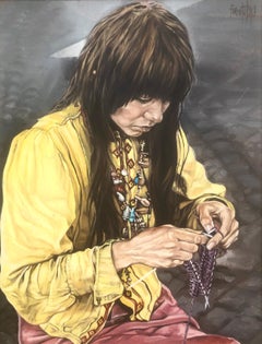 Femme hippie originale huile acrylique sur toile peinture réaliste Espagne Sitges années 70