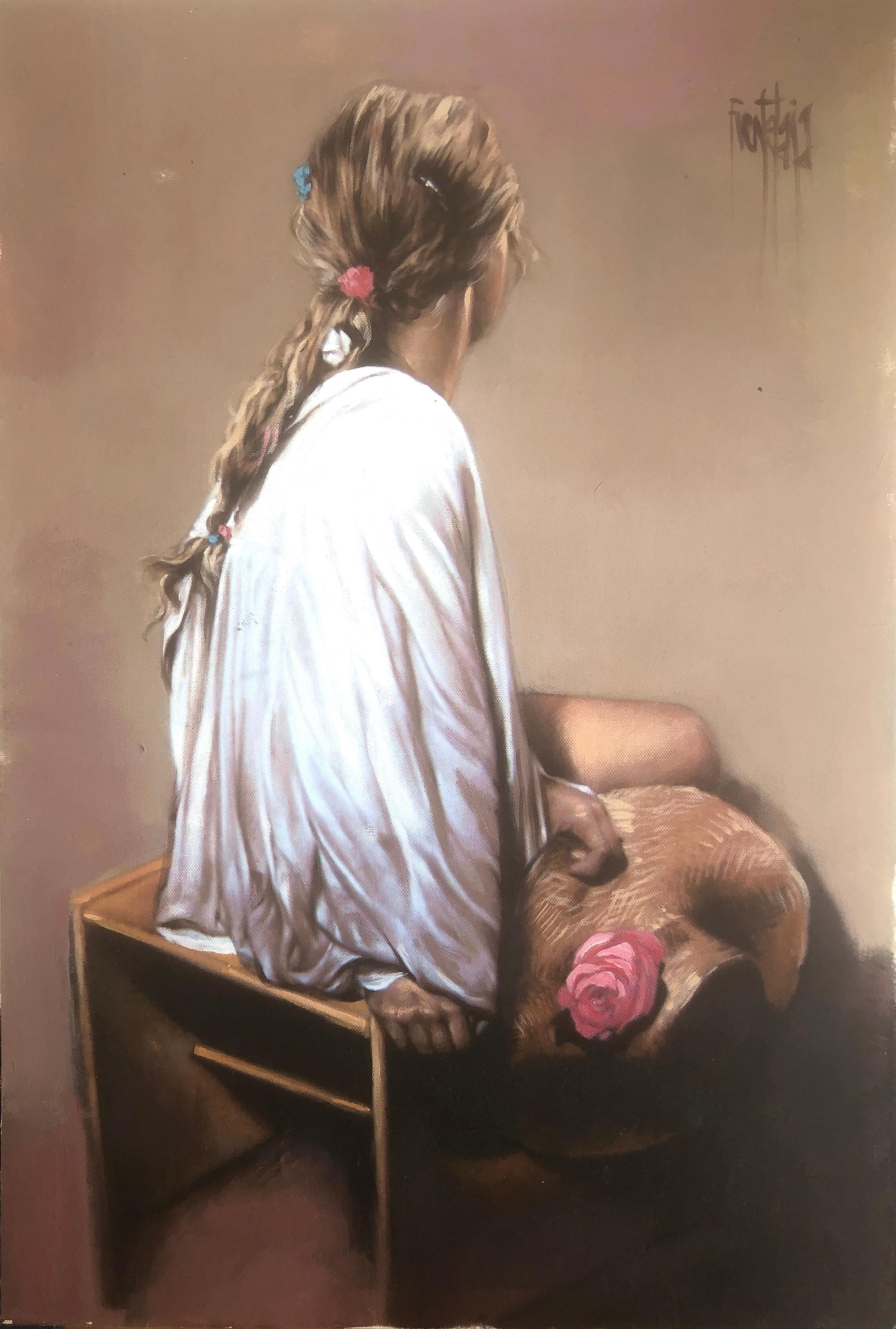 José Luis Fuentetaja Figurative Painting - Woman with pamela mixed media on canvas on board