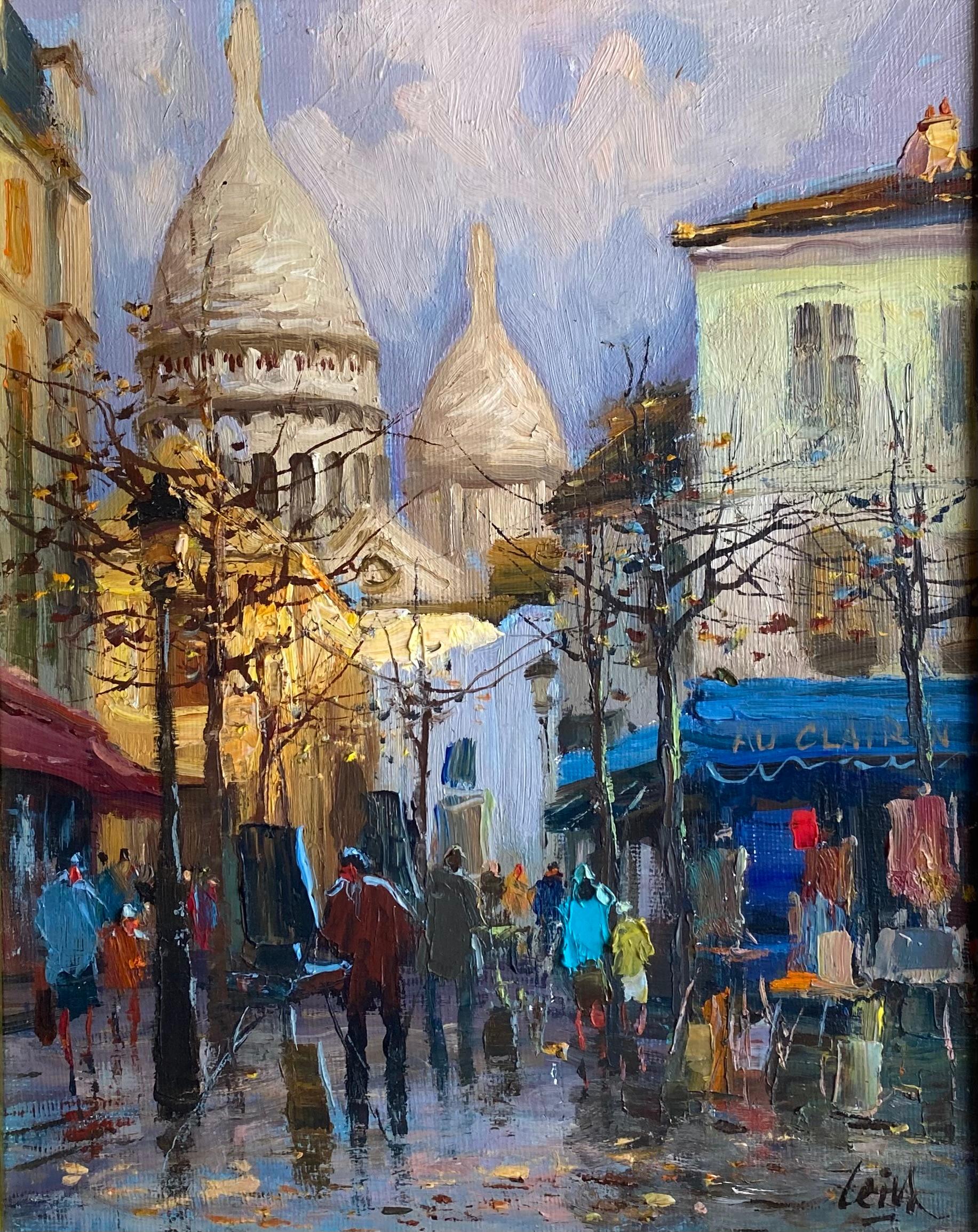 Exquisite orginal oil painting of the Place du  Tertre in Montmartre, Paris by the well known artist, Jose Luis Leiva.  Beautiful vibrant colors and use of light and shadows. The landmark church Sacre Coeur in the background of the Place du Tertre.