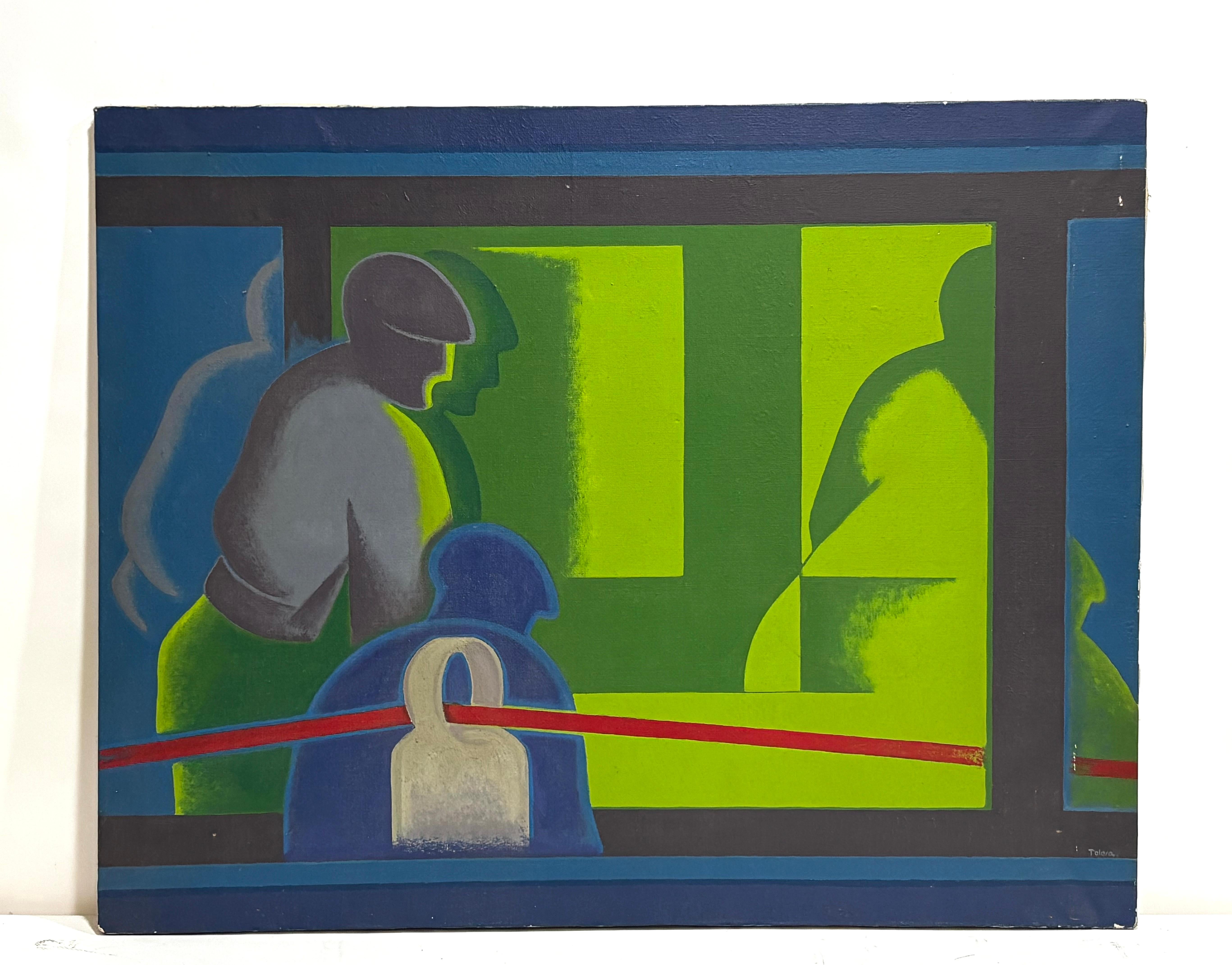 José Luis Tolosa, The Red Cable, 1976 — Geometric Abstract Figurative Oil on Can - Painting by JOSE LUIS TOLOSA