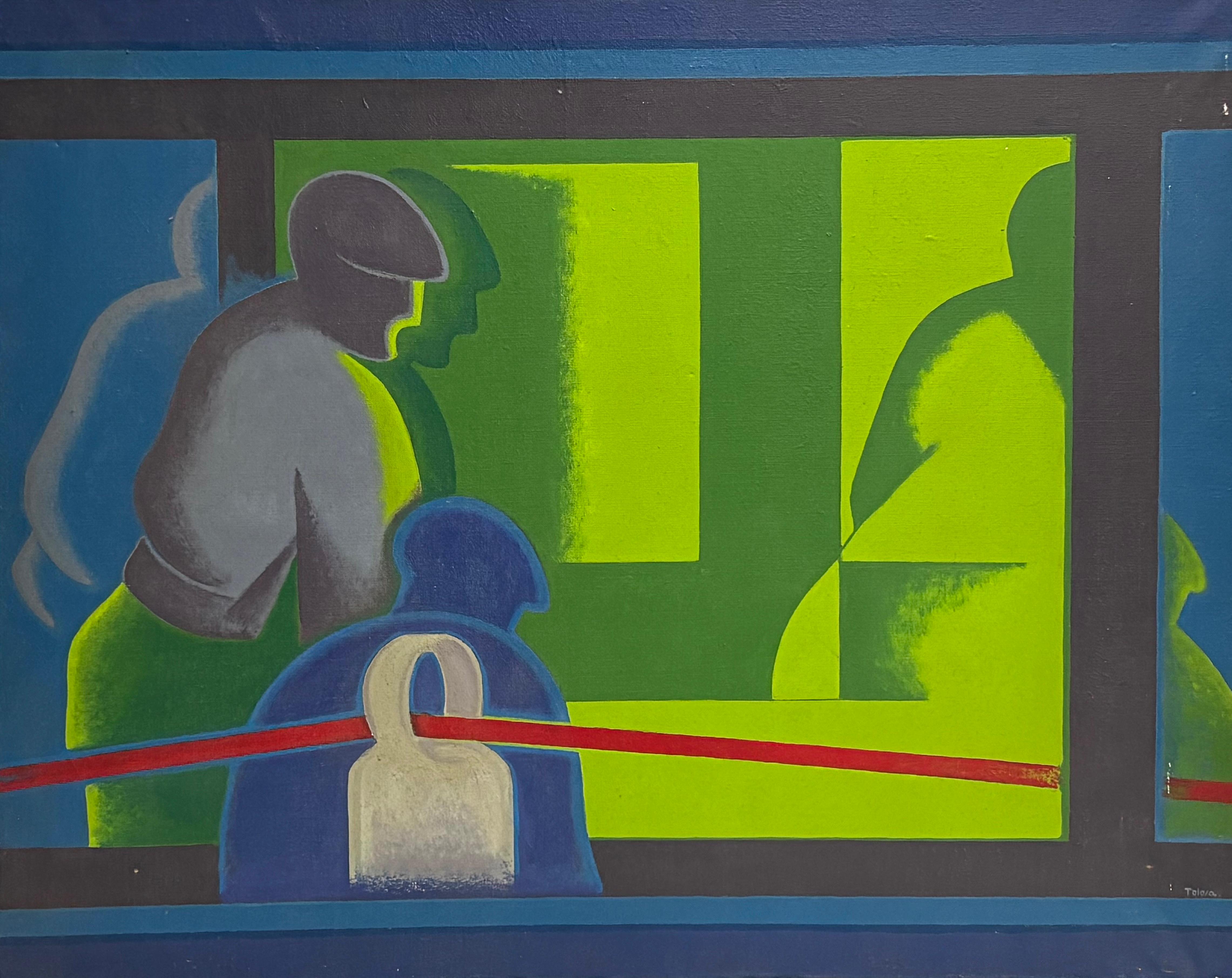 JOSE LUIS TOLOSA Figurative Painting - José Luis Tolosa, The Red Cable, 1976 — Geometric Abstract Figurative Oil on Can