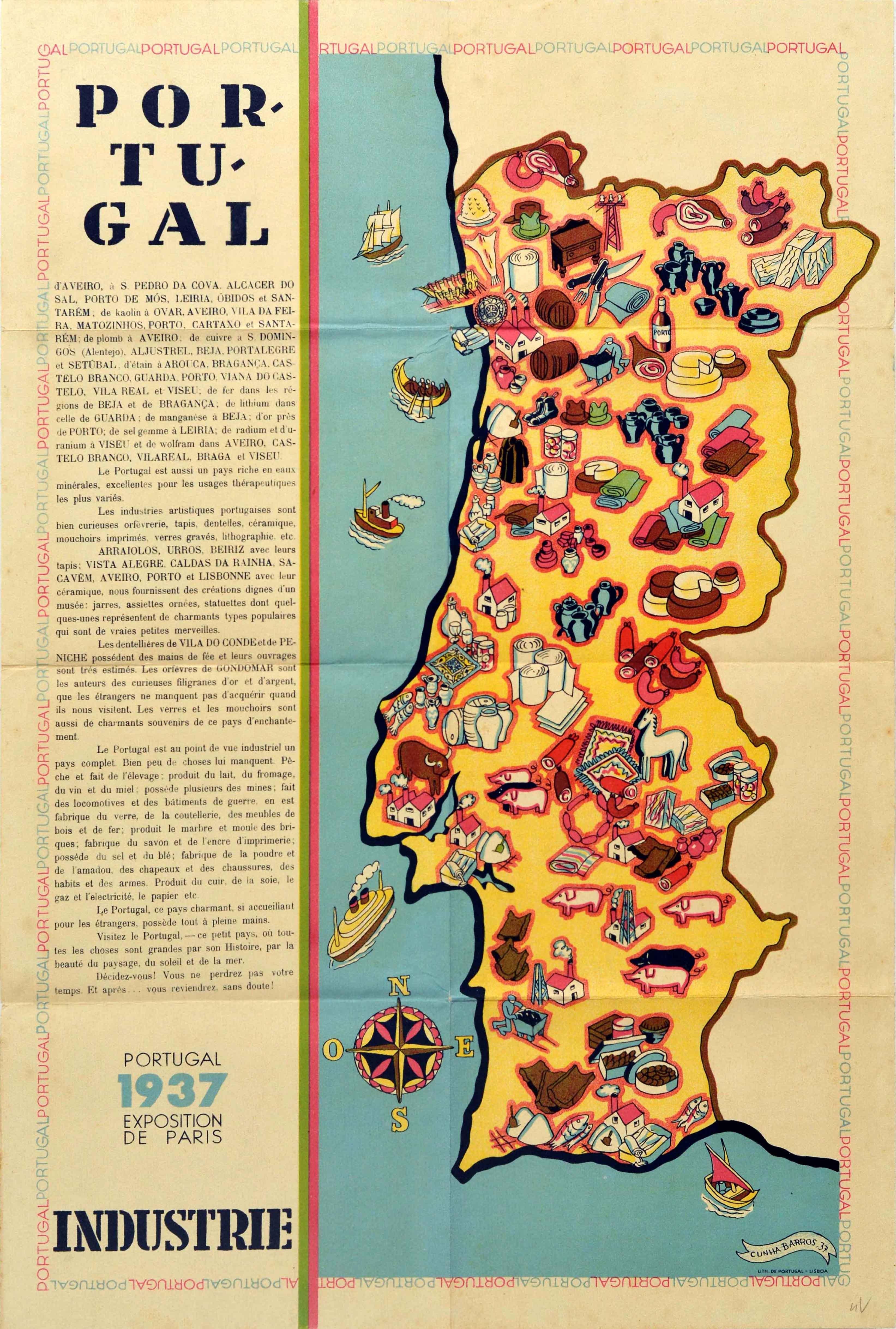 Jose Luiz Da Cunha Barros Print - Original Vintage Poster Portugal Industries Map World Fair Paris Art Technology
