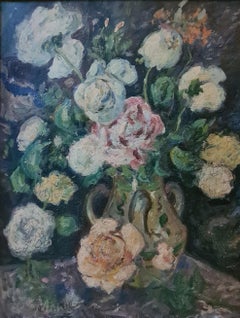 Late 19th Century French Impressionist Oil of Tablescape with Vase and Flowers.