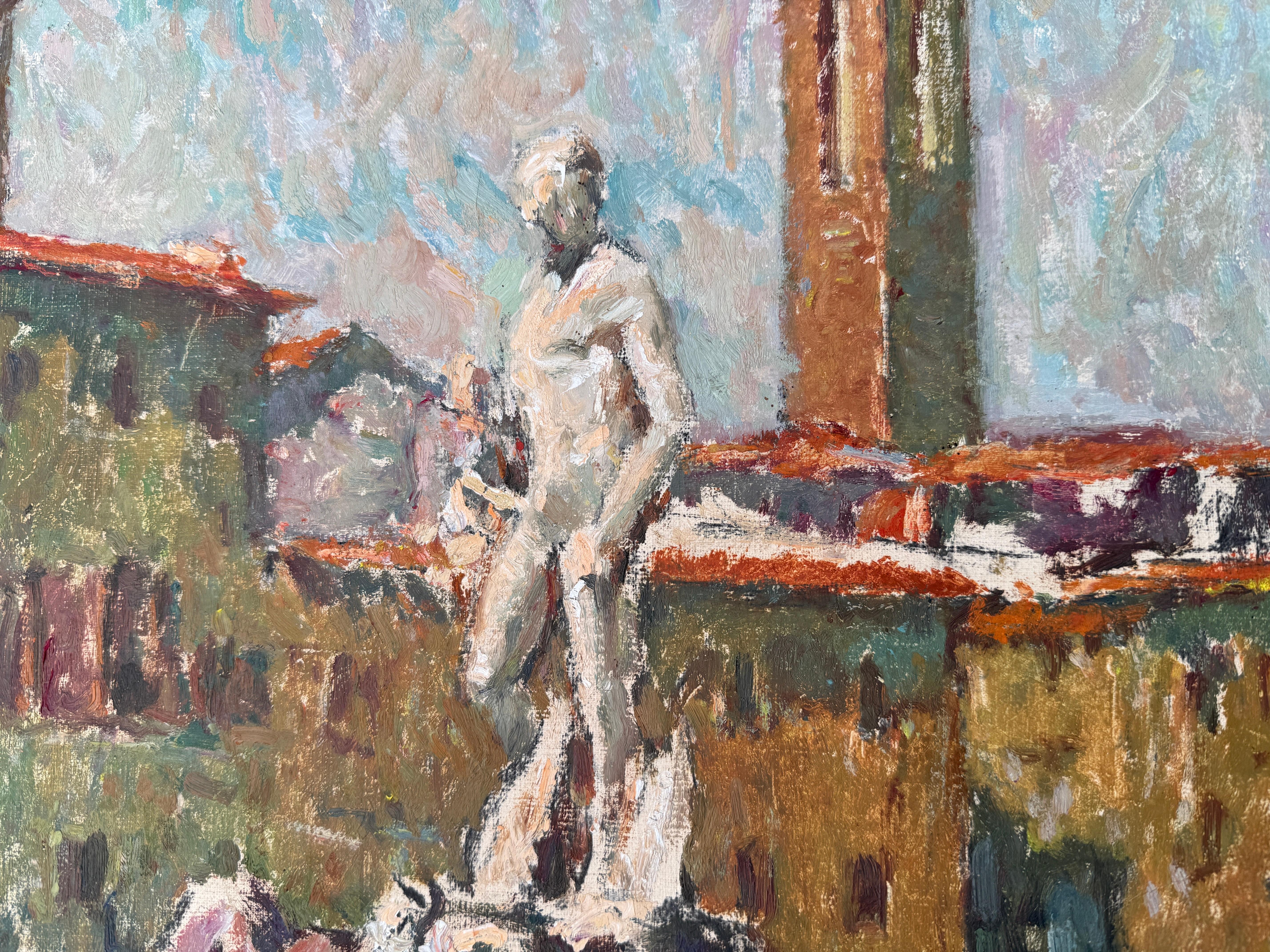 Piazza della Signoria Florenz Italien Öl auf Leinwand Gemälde (Grau), Figurative Painting, von Jose Manuel Chico Prats