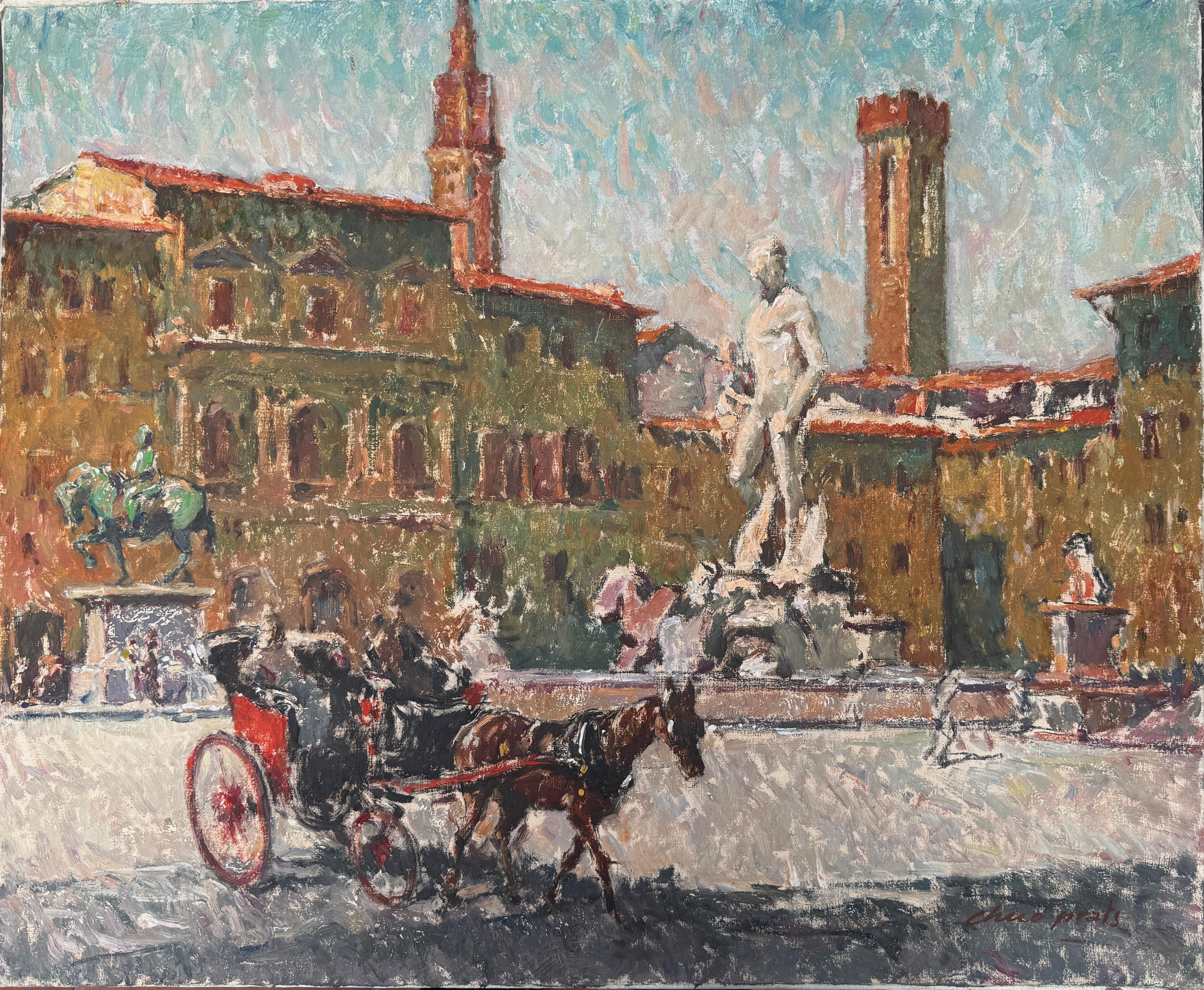 Jose Manuel Chico Prats Figurative Painting – Piazza della Signoria Florenz Italien Öl auf Leinwand Gemälde