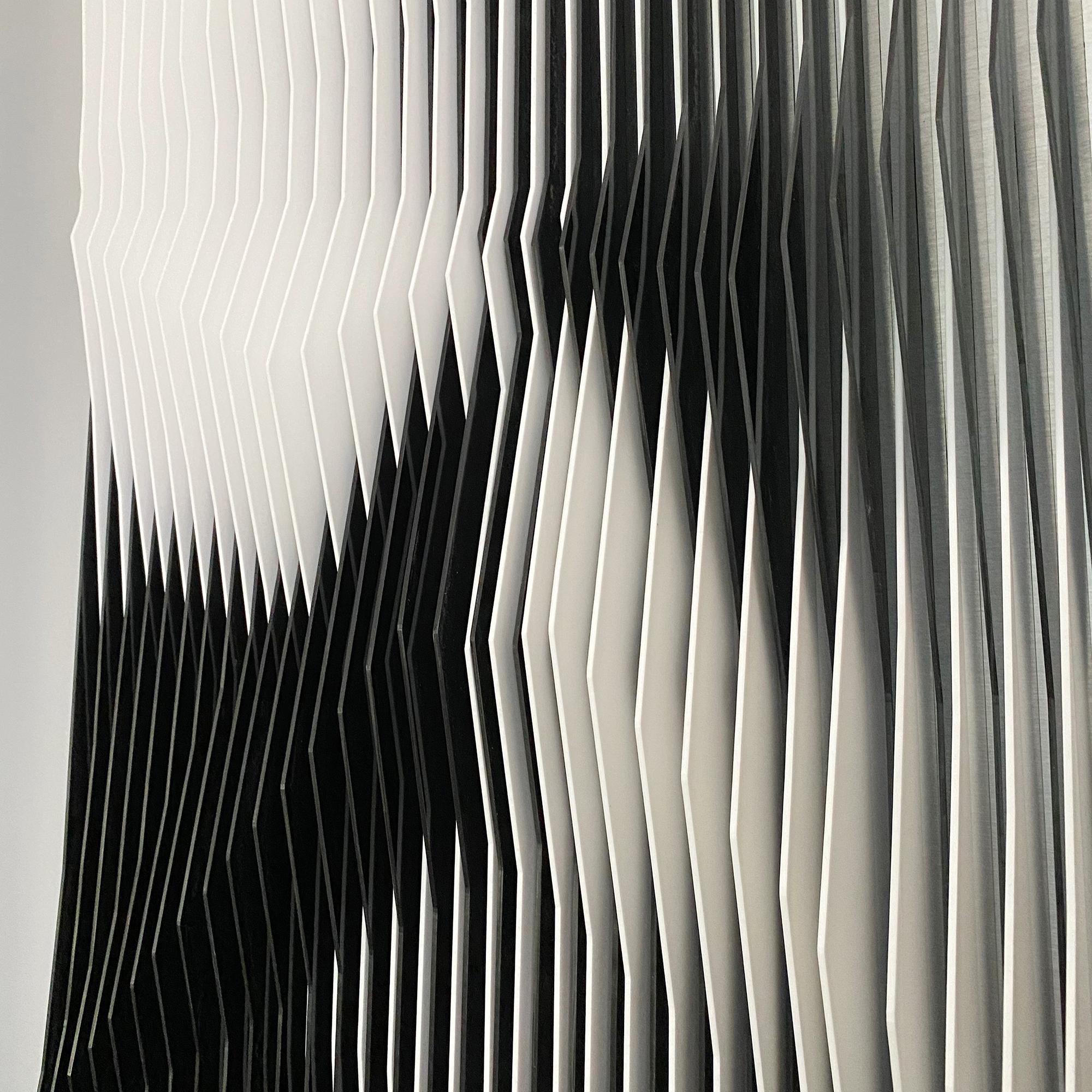 ‘Black Undulation’ is an abstract kinetic art wall sculpture created by Venezuelan artist Jose Margulis in 2017. Featuring a palette made of black and white, this PVC and plexiglass sculpture features a juxtaposition of lines, whose subtle variation