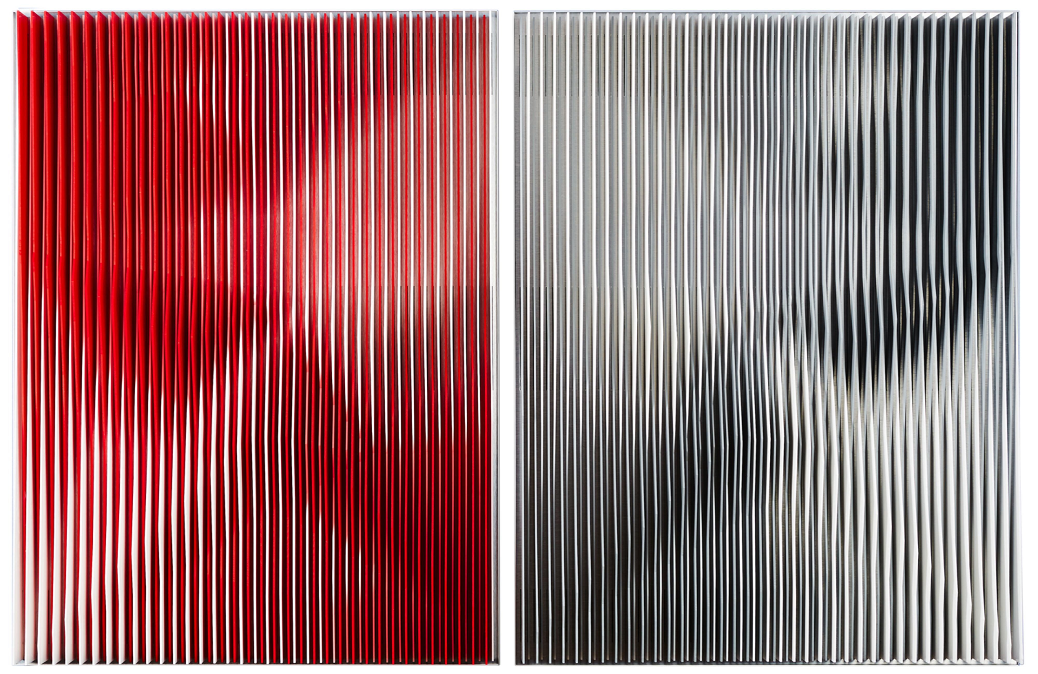 JUxtapos Red & Grey', Kinetic Wall Art,  Red and Grey  - Gray Abstract Sculpture by Jose Margulis