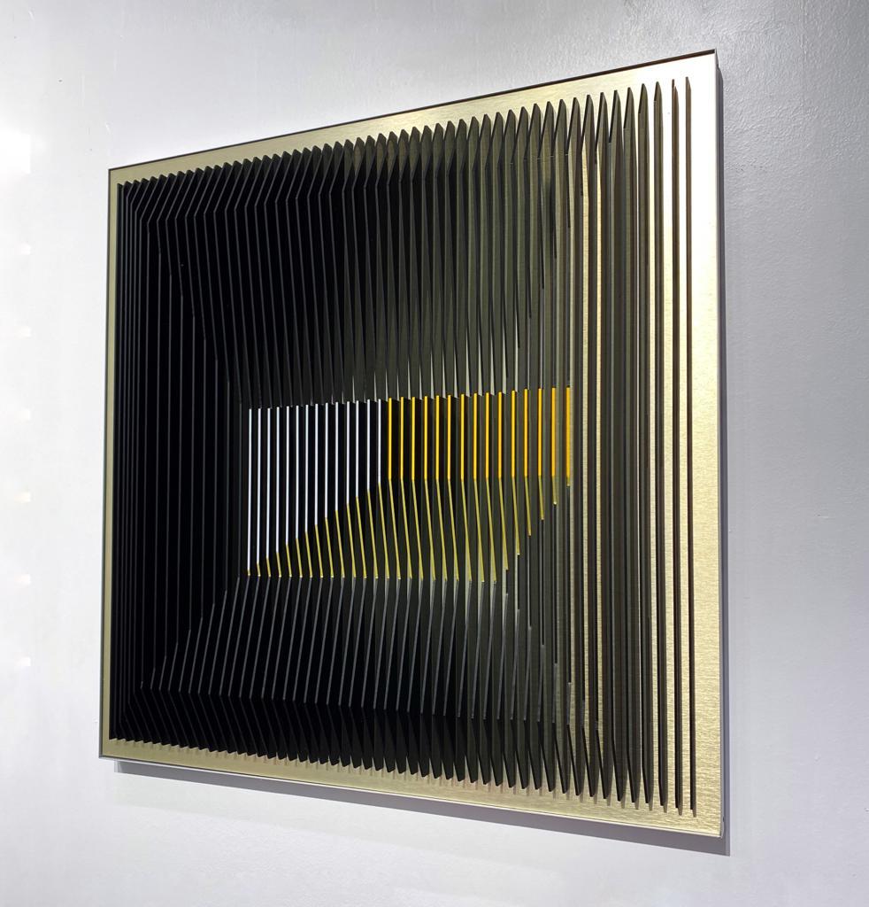 Jose Margulis Abstract Sculpture - J. Margulis - Gold Illusion - kinetic wall sculpture 