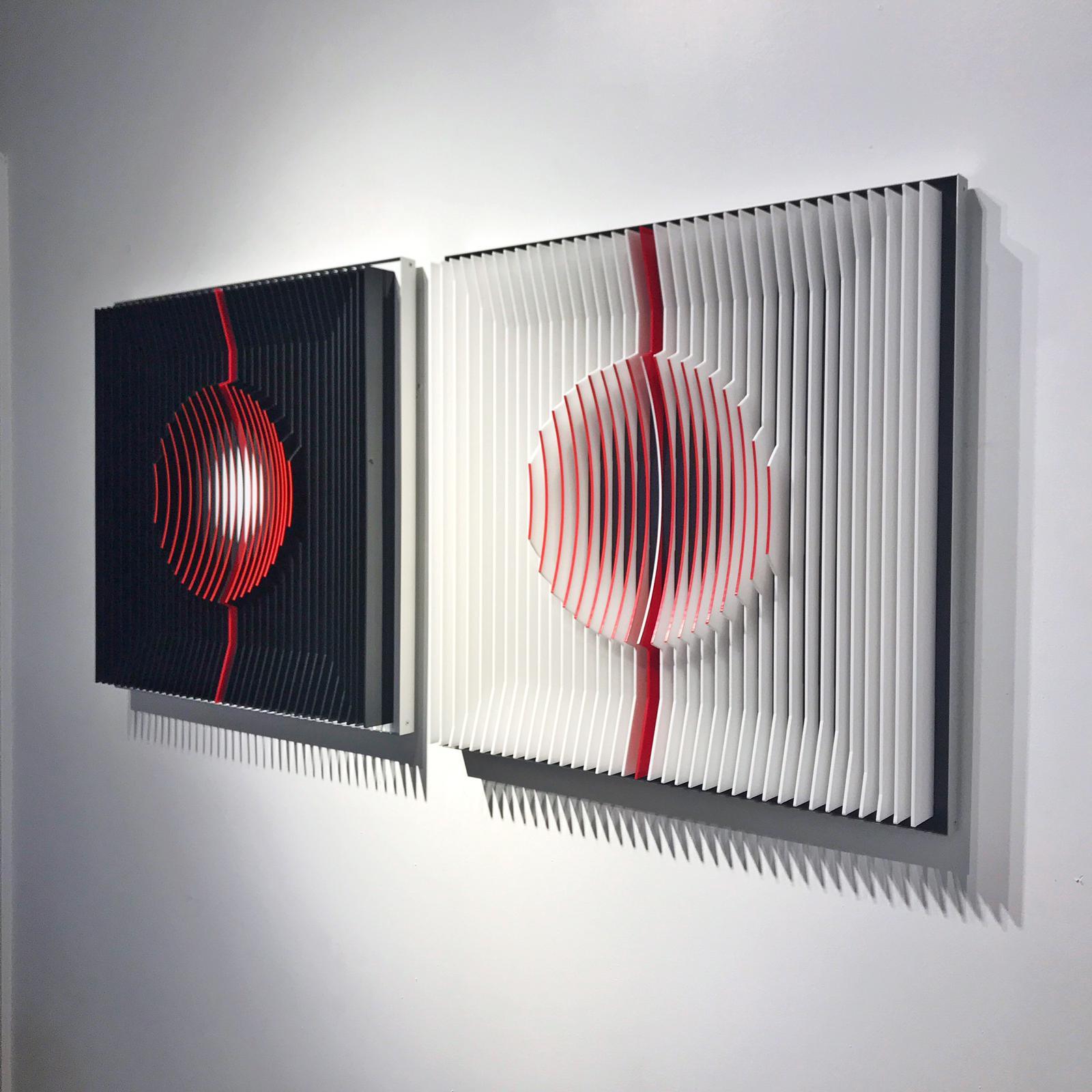 Red filled Moons - kinetic wall sculpture by J. Margulis - Kinetic Sculpture by Jose Margulis