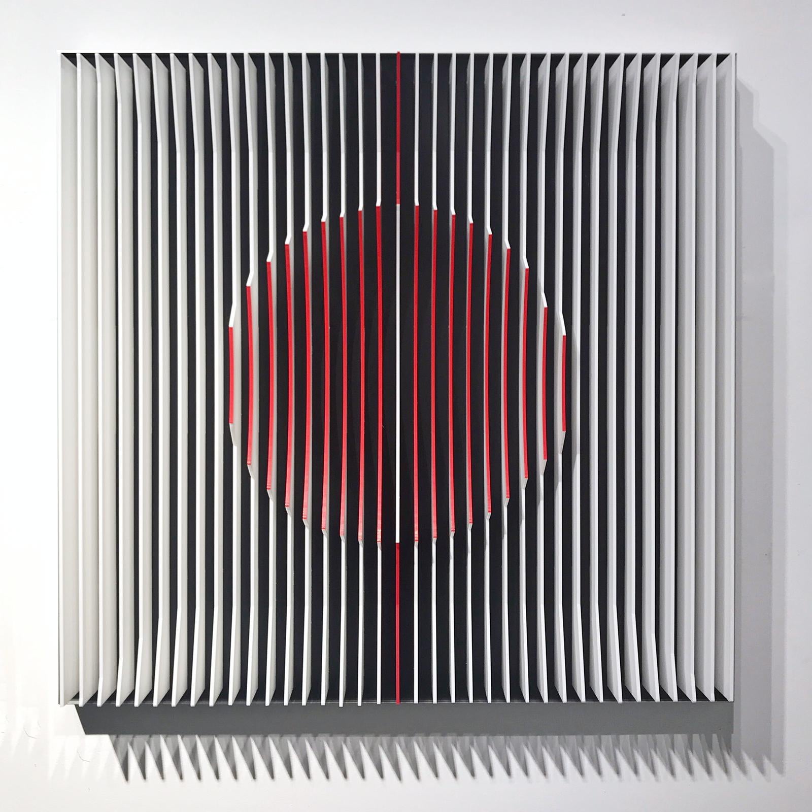 Red filled Moons - kinetic wall sculpture by J. Margulis - Gray Abstract Sculpture by Jose Margulis