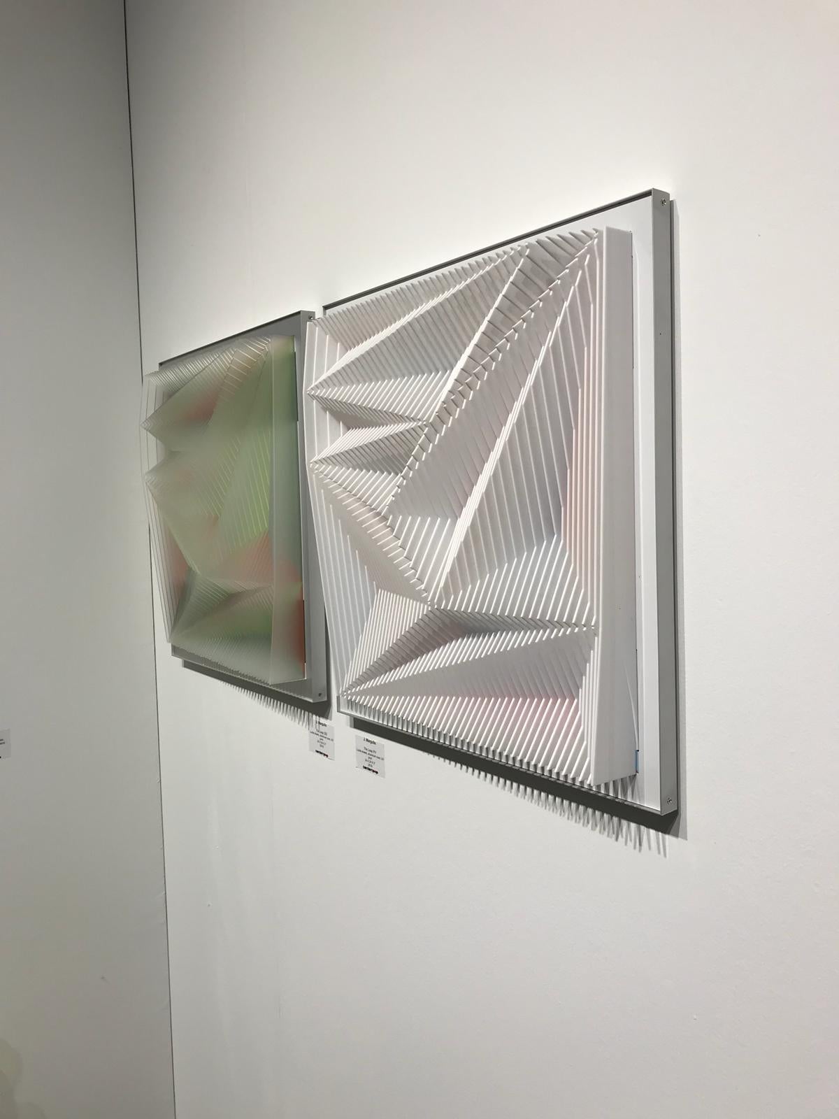 This unique piece by Margulis is from his latest body of works and is part of an edition of 9. After assembling the Plexiglas sheets onto the aluminium core, he uses acrylic paints to cover some the front of the sheets (video is available upon
