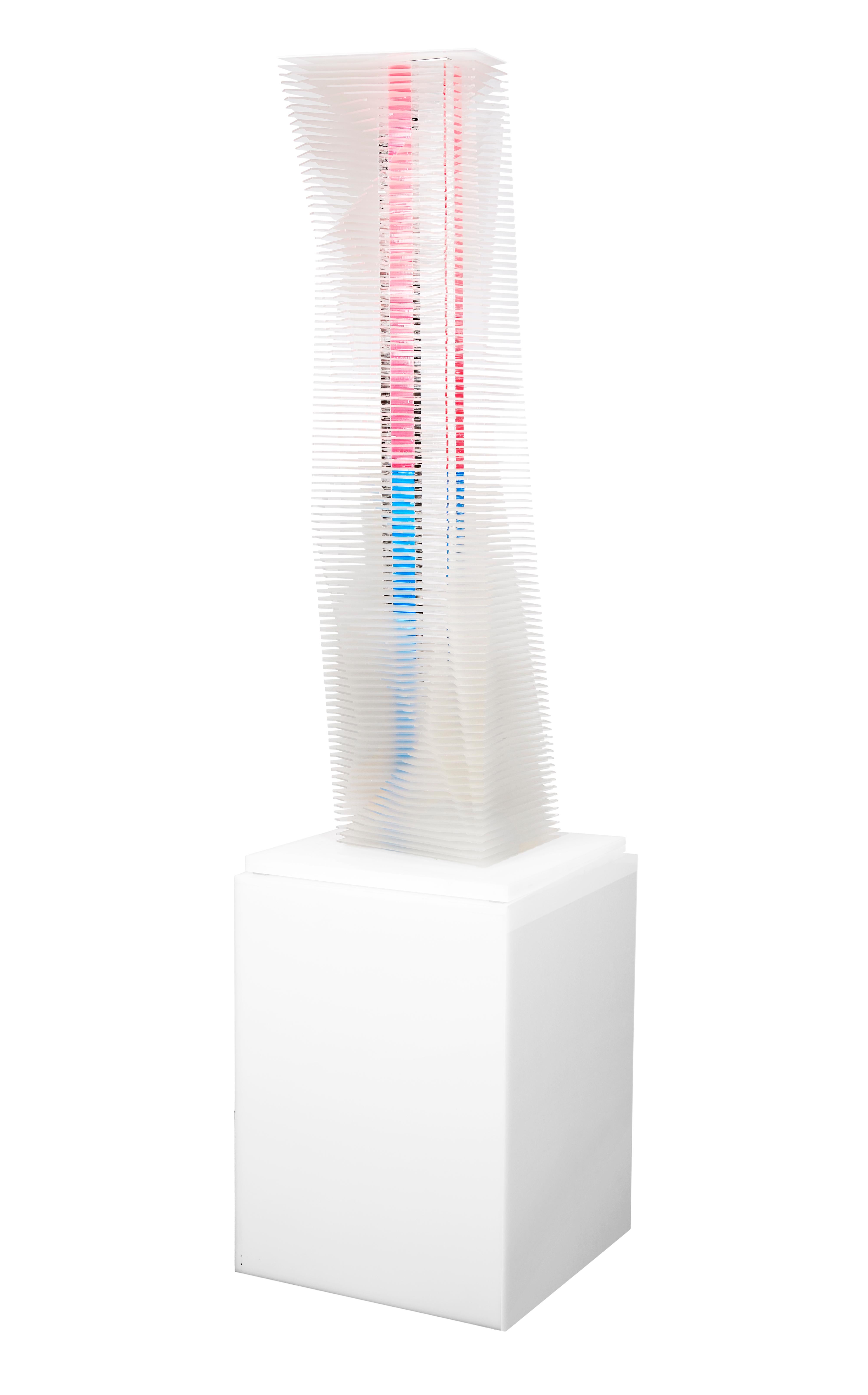 Jose Margulis Abstract Sculpture - "Vertigo Tower with Base" Kinetic Sculpture, Lucite White Red Blue