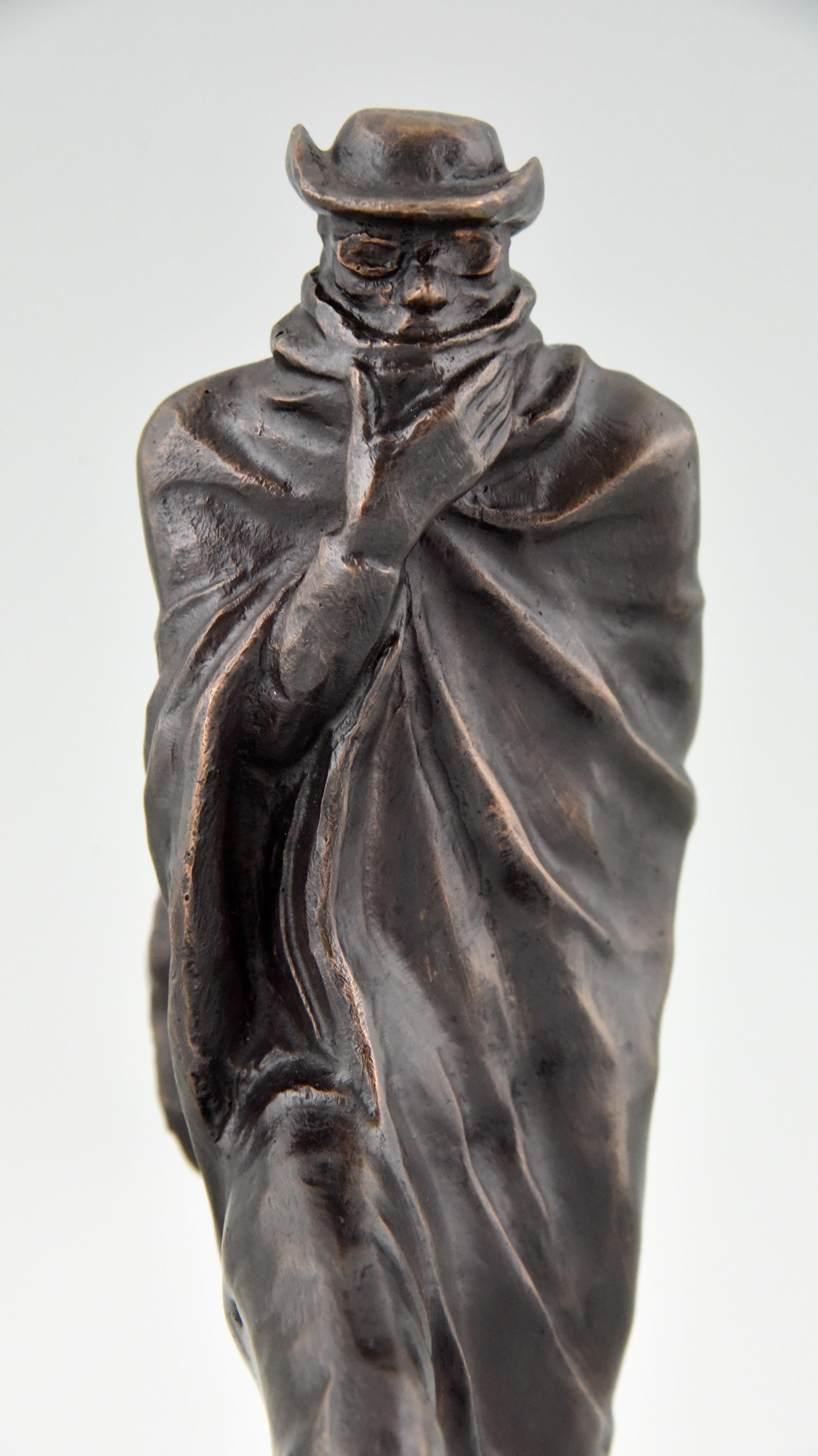 Jose Maria Acuna Lopez, Bronze Sculpture Man with Long Coat and Hat Pilgrim 2