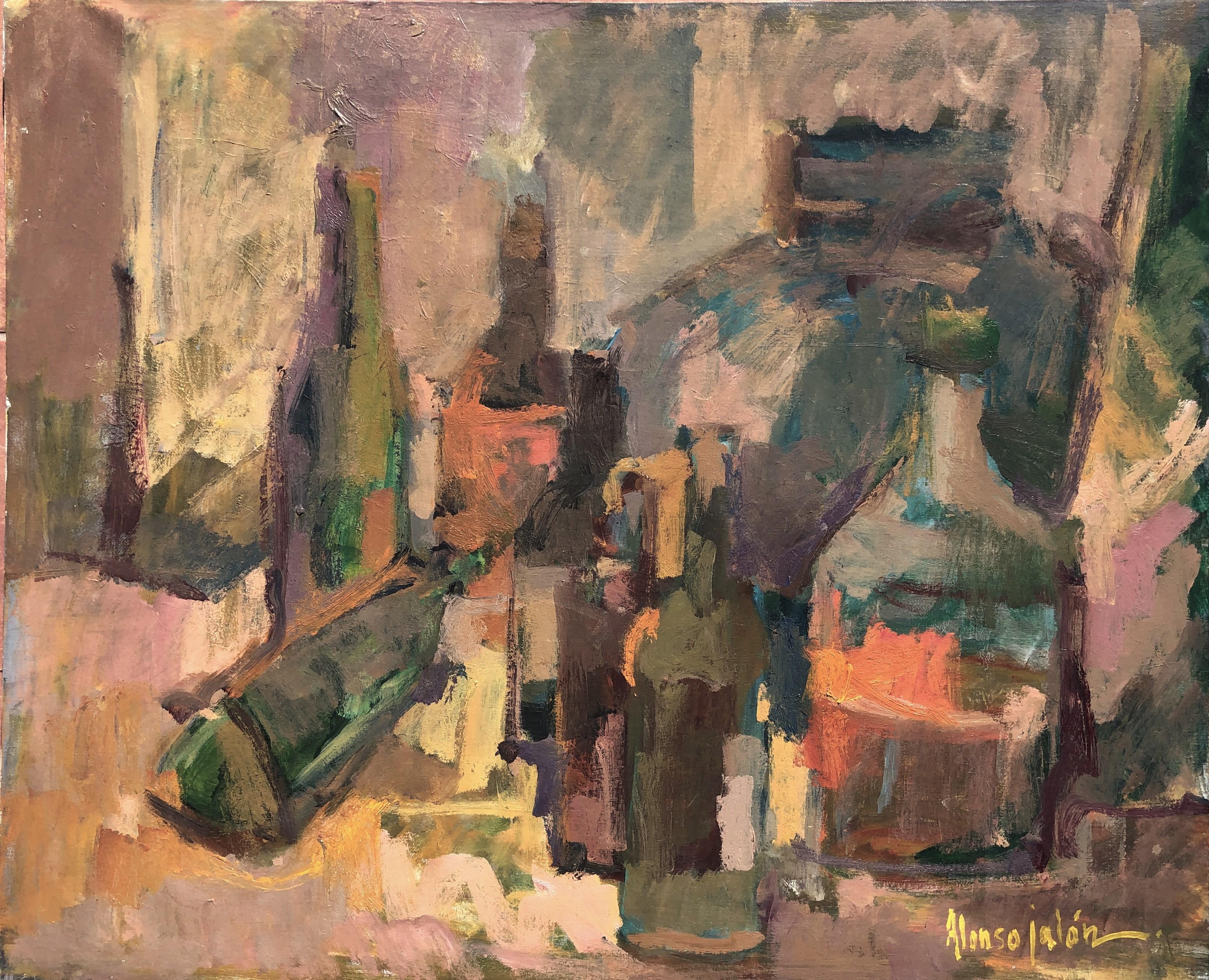 José María Alonso Jalón Still-Life Painting - Still life of bottles oil on canvas painting