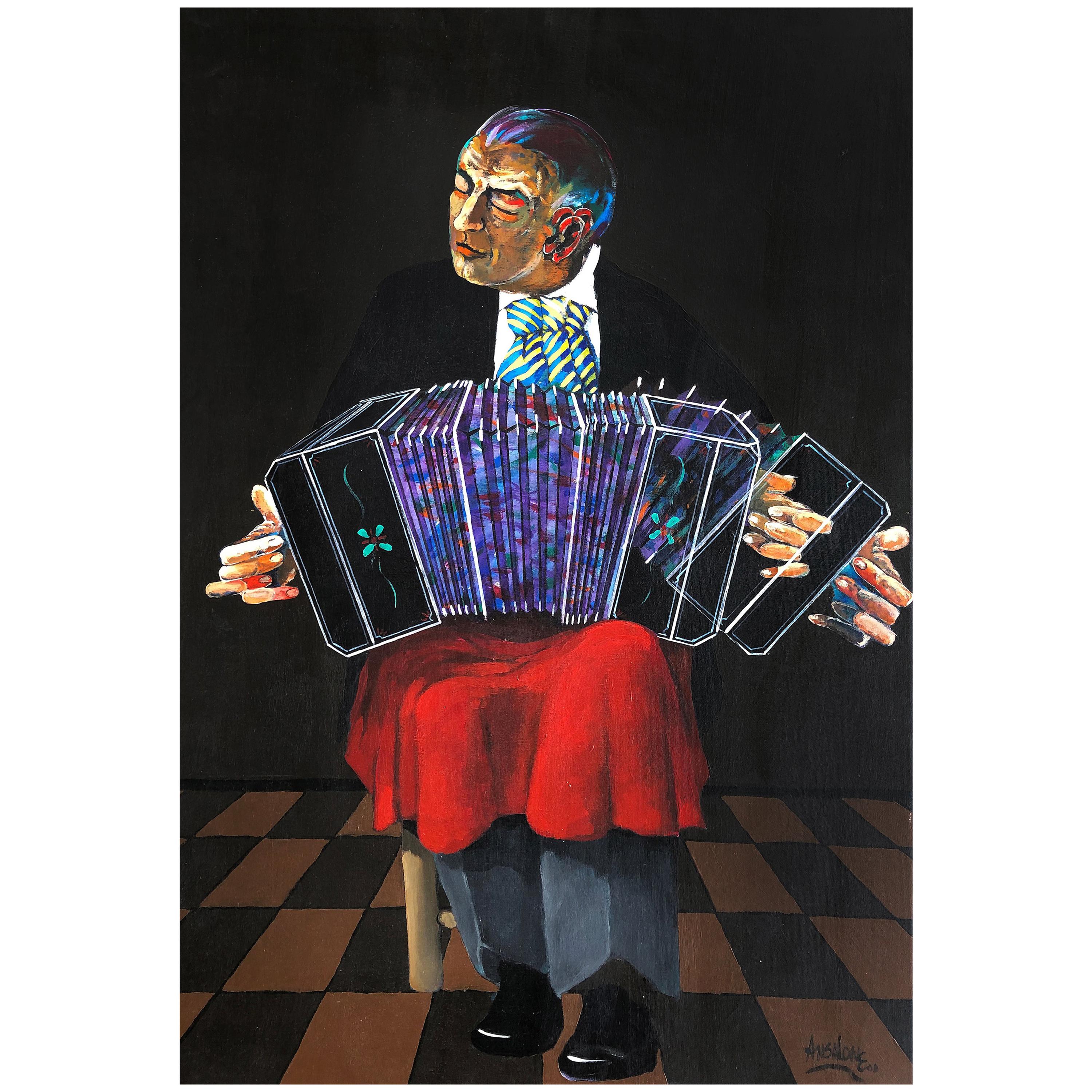 Jose Mario Ansalone Accordion Man Painting on Canvas titled "Tango in Motion"