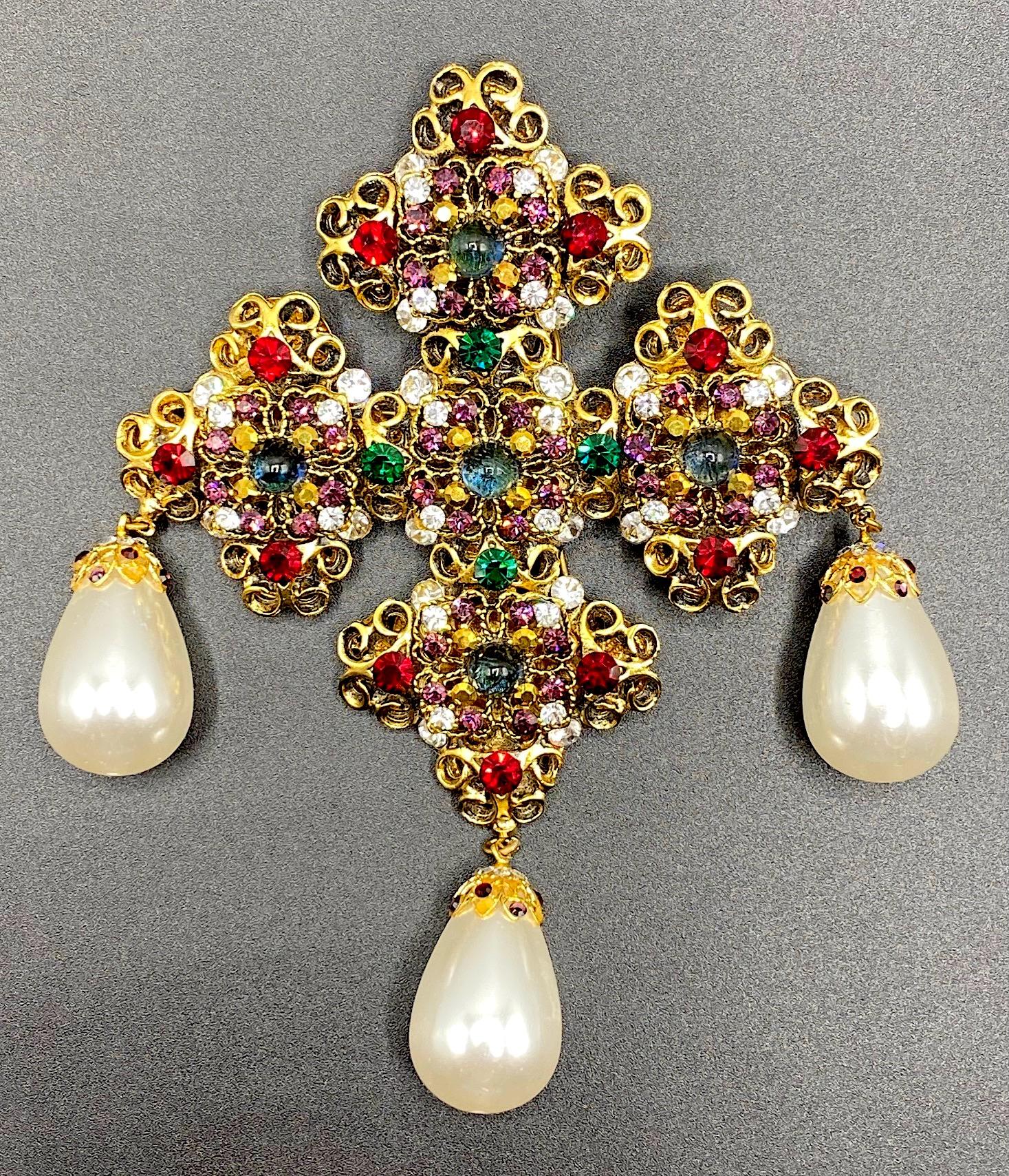 Jose & Maria Barrera Large Jeweled Heraldic Cross with Pearls Brooch 3