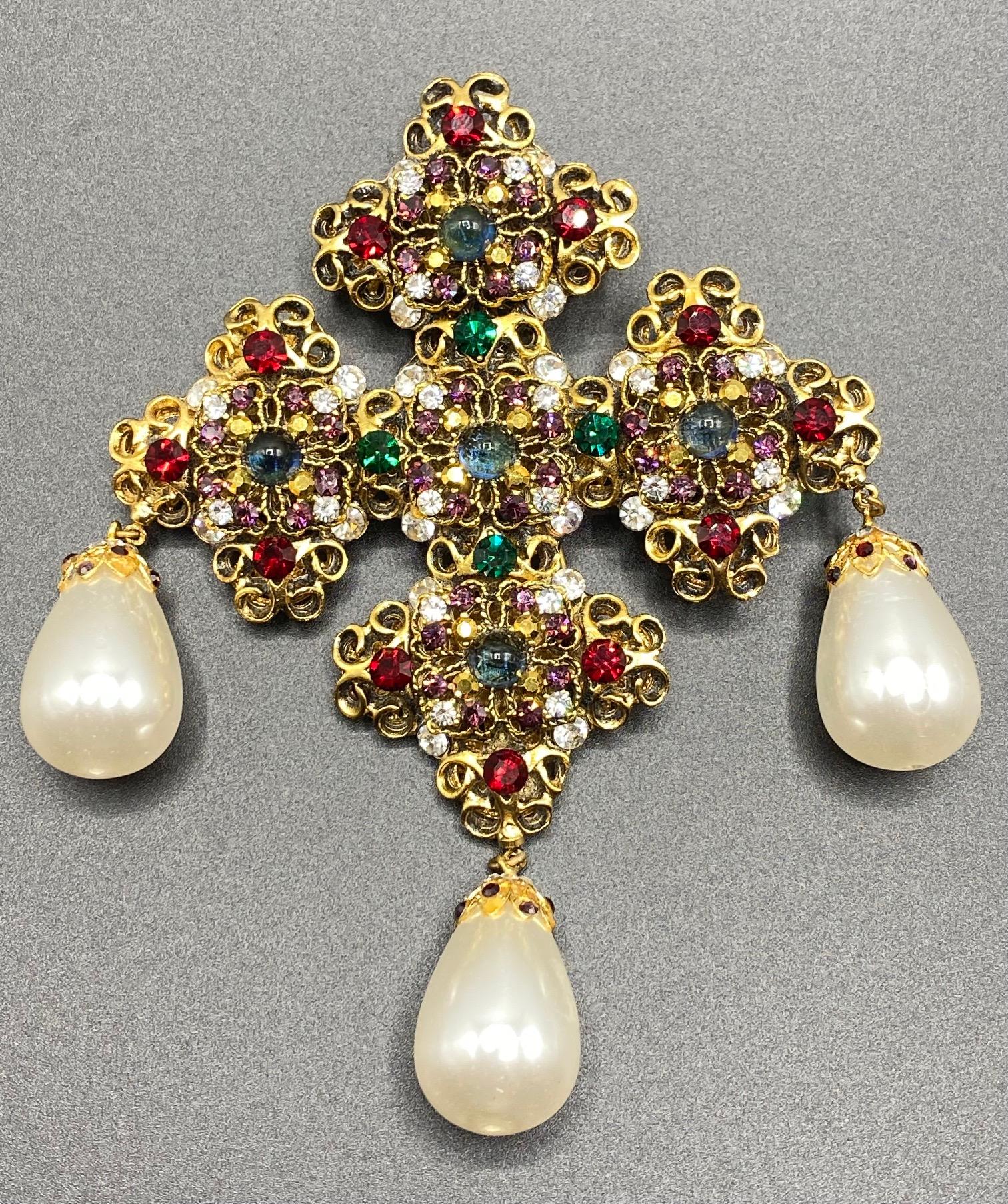 Jose & Maria Barrera Large Jeweled Heraldic Cross with Pearls Brooch 5