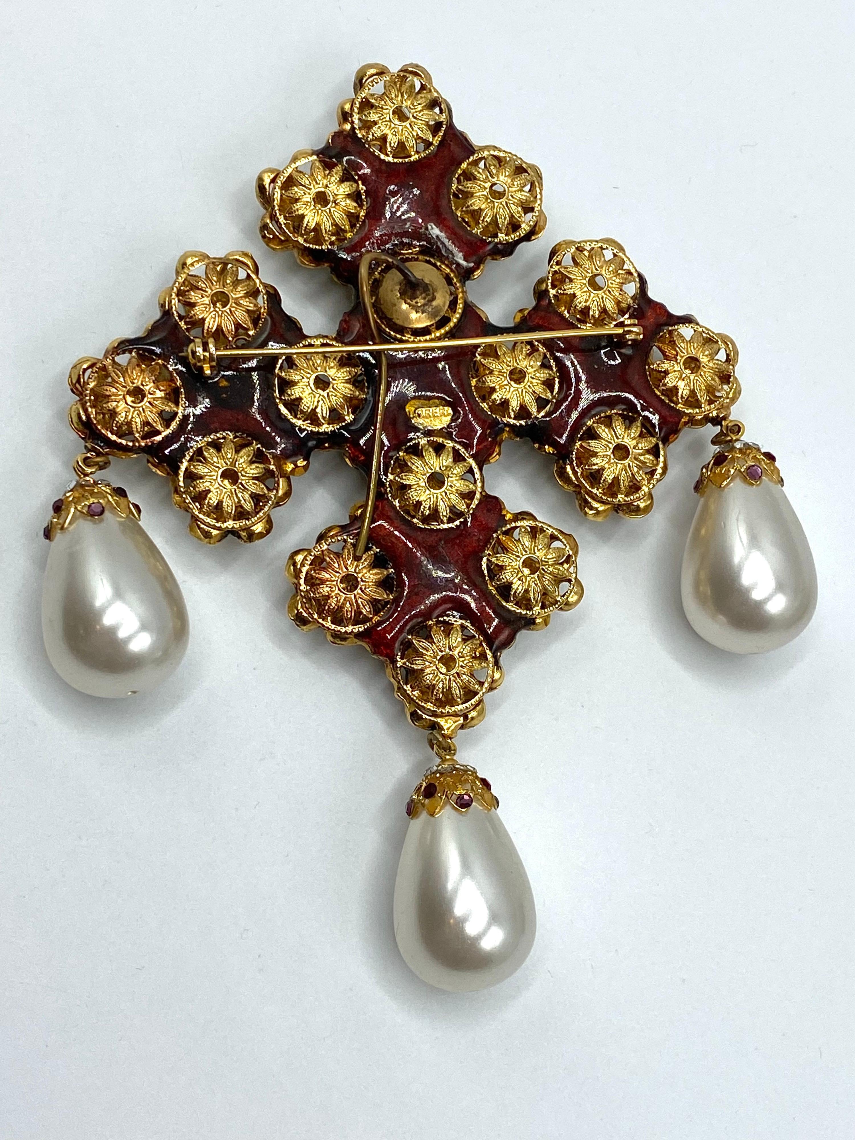 Jose & Maria Barrera Large Jeweled Heraldic Cross with Pearls Brooch 9