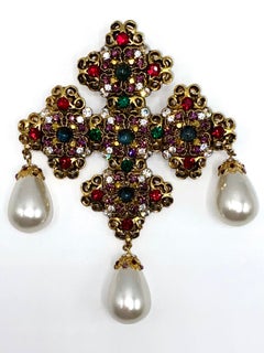 Jose & Maria Barrera Large Jeweled Heraldic Cross with Pearls Brooch