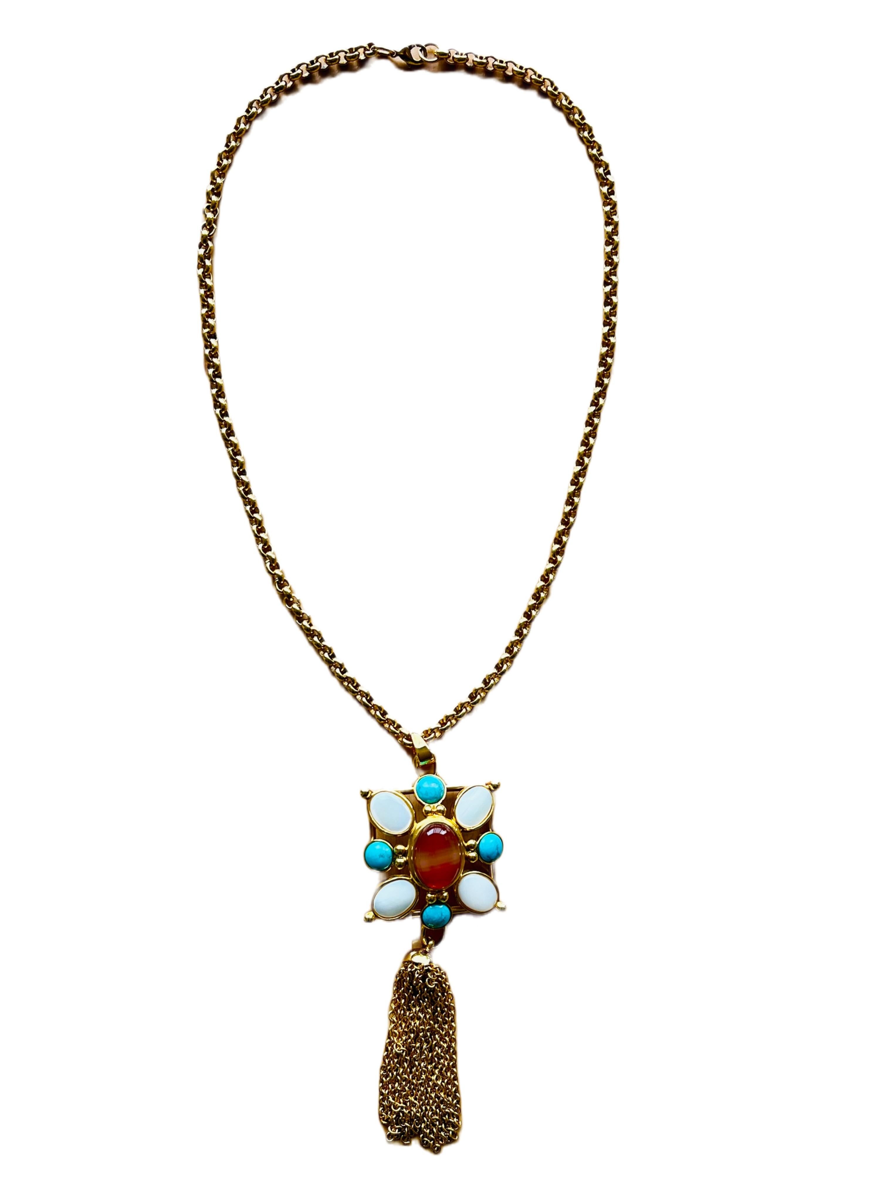 Jose & Maria Barrera Square Cross Cabochon Cornelian Turquoise Tassel Necklace For Sale 1