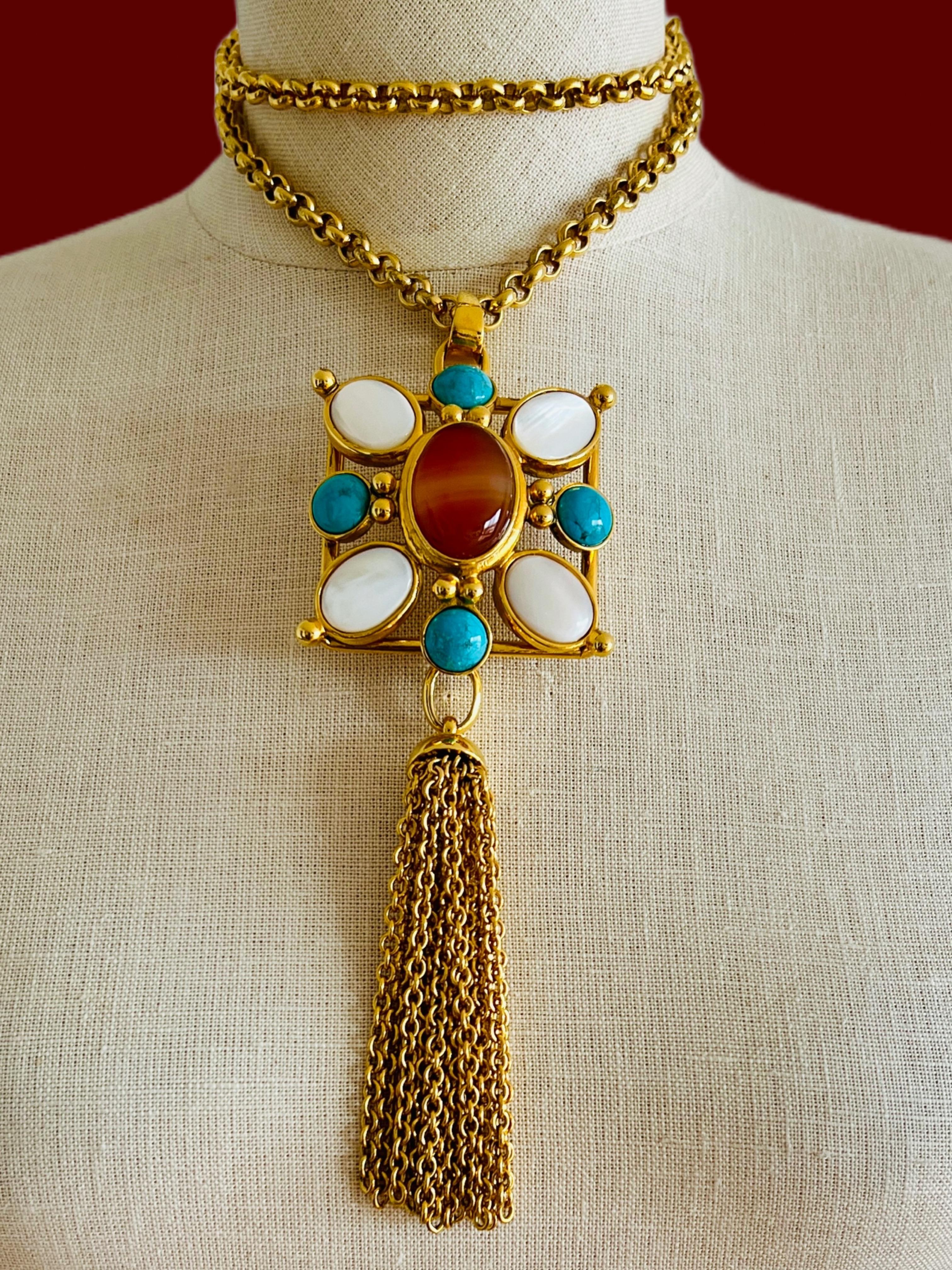 Jose & Maria Barrera Square Cross Cabochon Cornelian Turquoise Tassel Necklace In Excellent Condition For Sale In Sausalito, CA