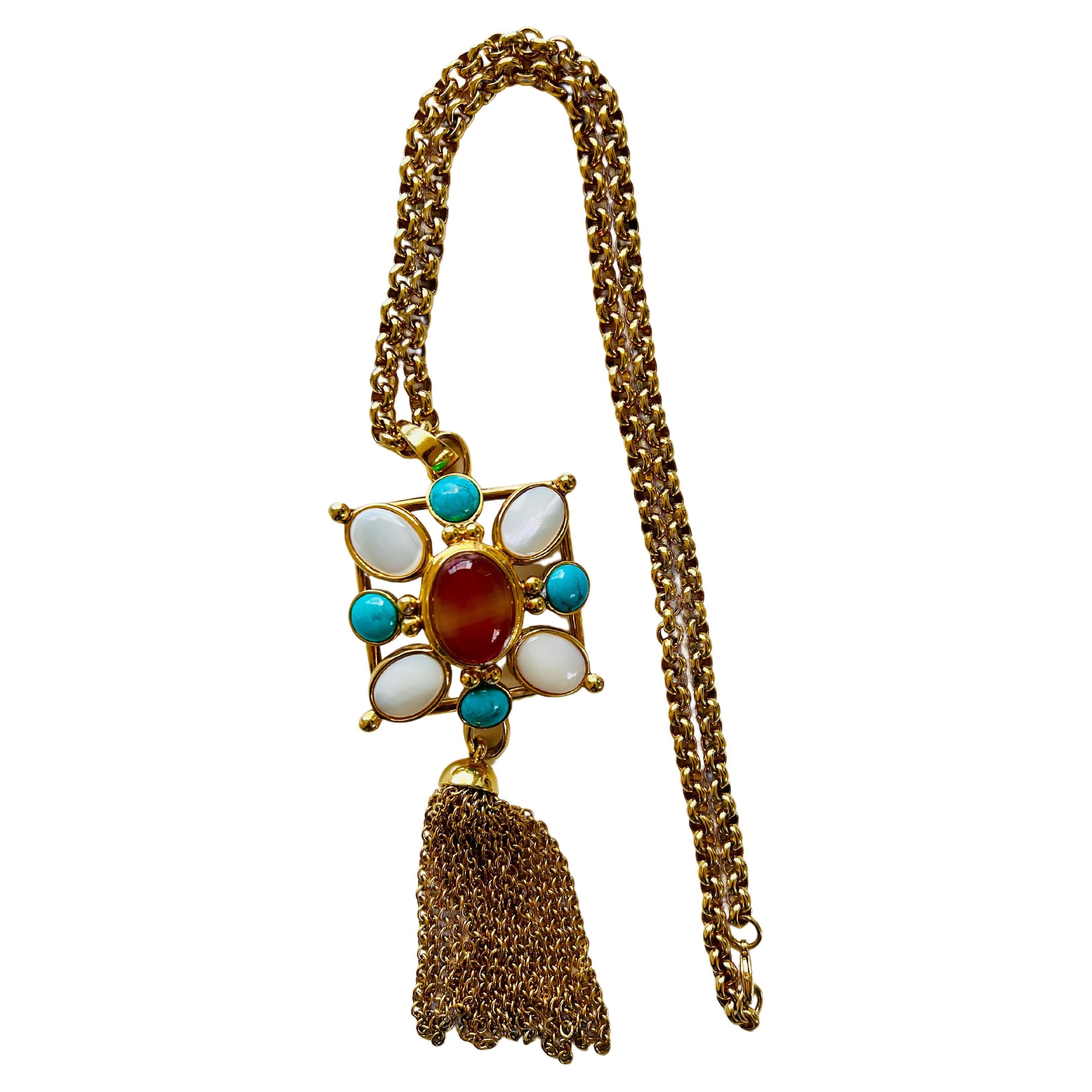 Jose & Maria Barrera Square Cross Cabochon Cornelian Turquoise Tassel Necklace For Sale 1
