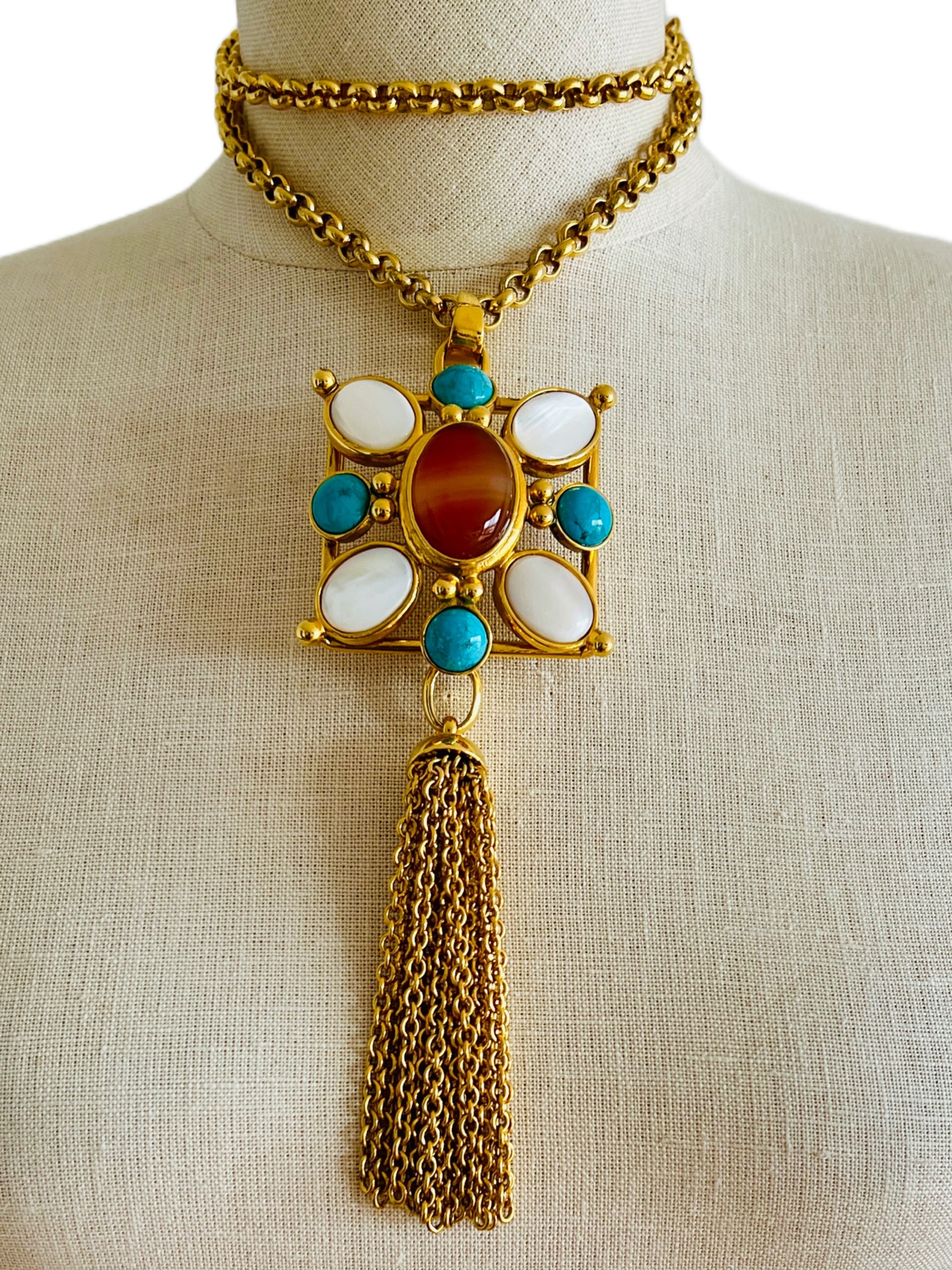 Jose & Maria Barrera Square Cross Cabochon Cornelian Turquoise Tassel Necklace