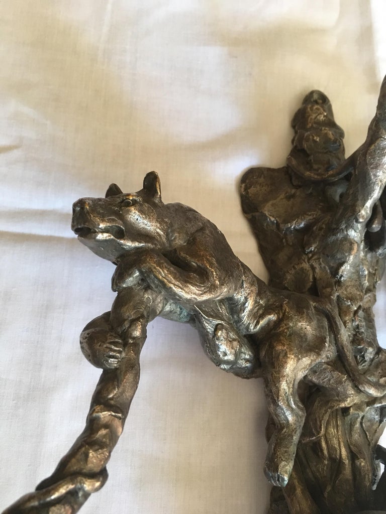 Jose Maria David Pair of Silvered Bronze Wall Candelabra, Panthers