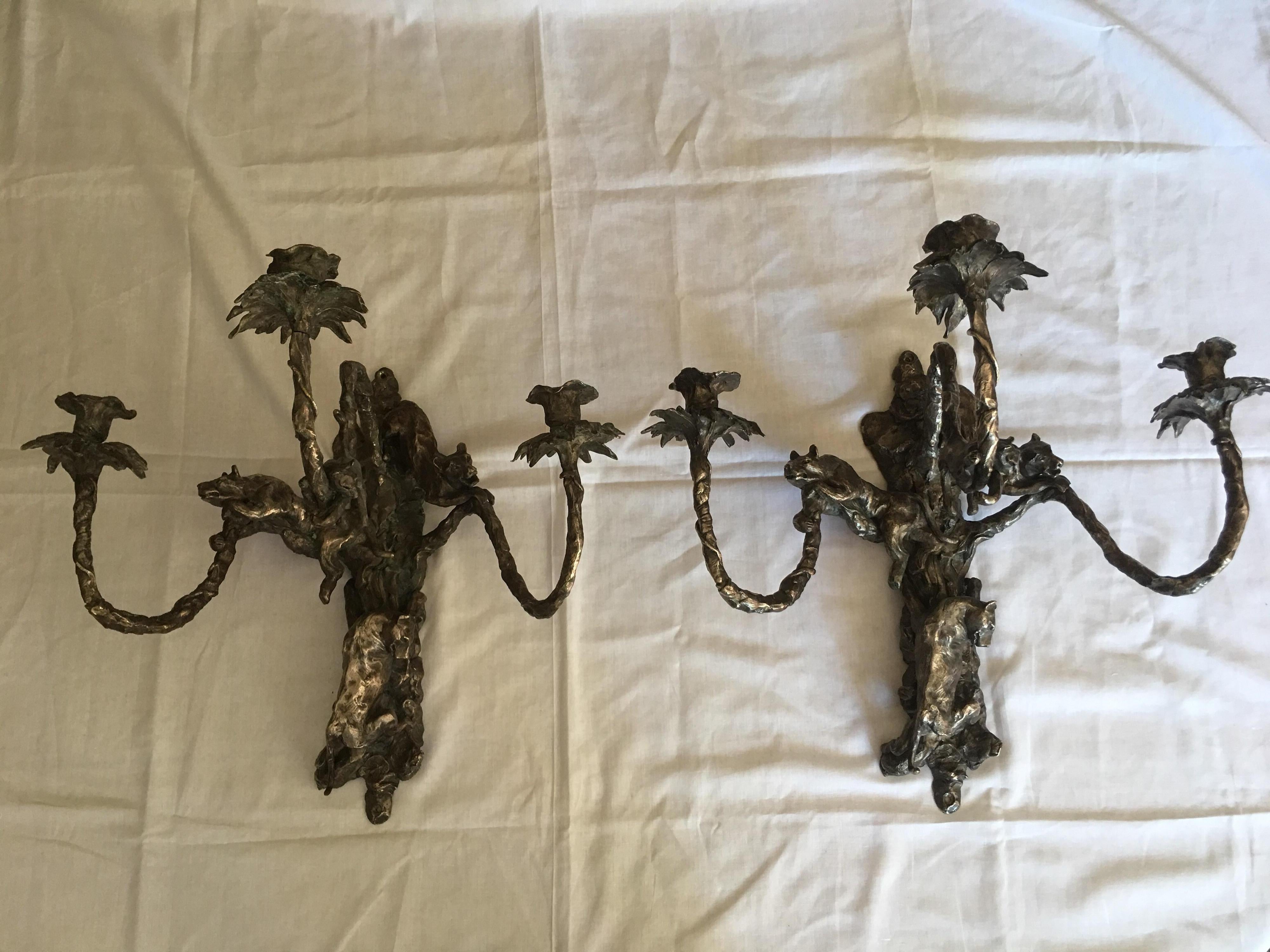 Other Jose Maria David Pair of Silvered Bronze Wall Candelabra, Panthers Decor, 2006 For Sale
