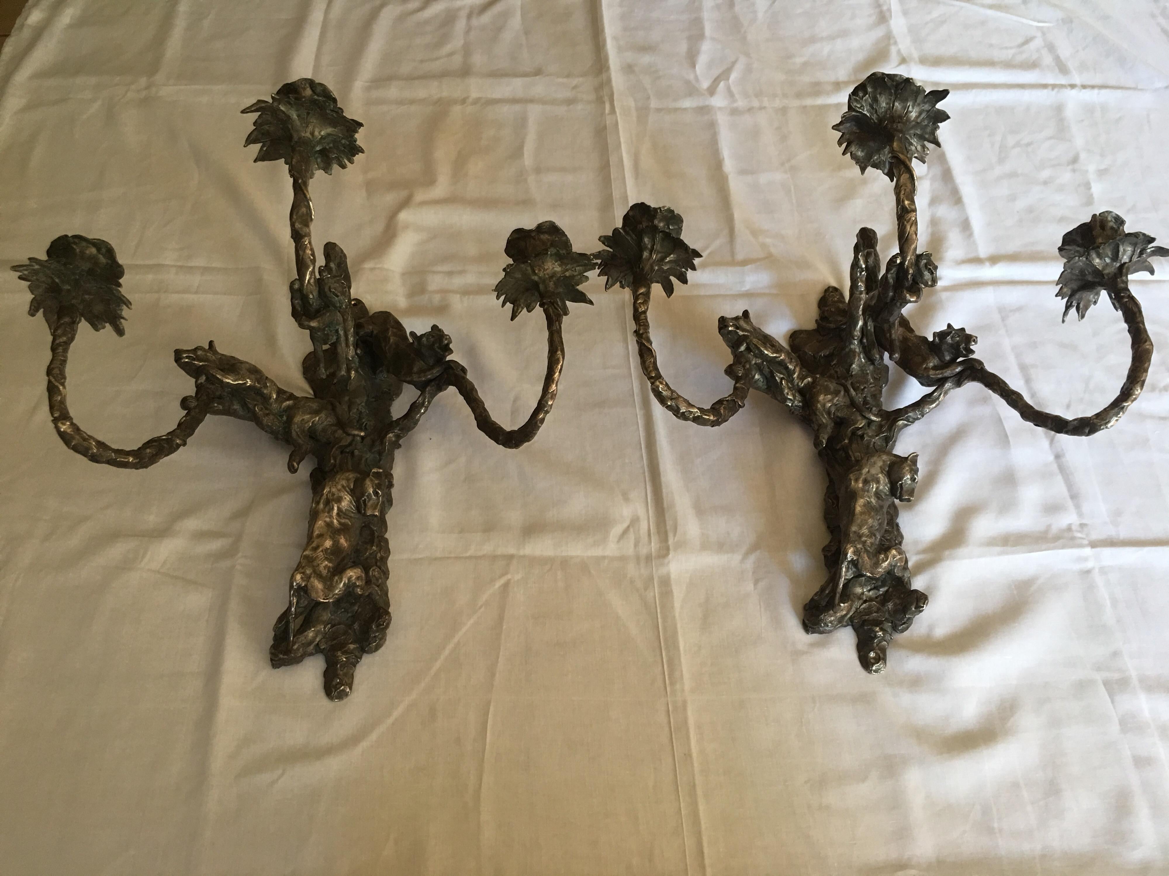 French Jose Maria David Pair of Silvered Bronze Wall Candelabra, Panthers Decor, 2006 For Sale