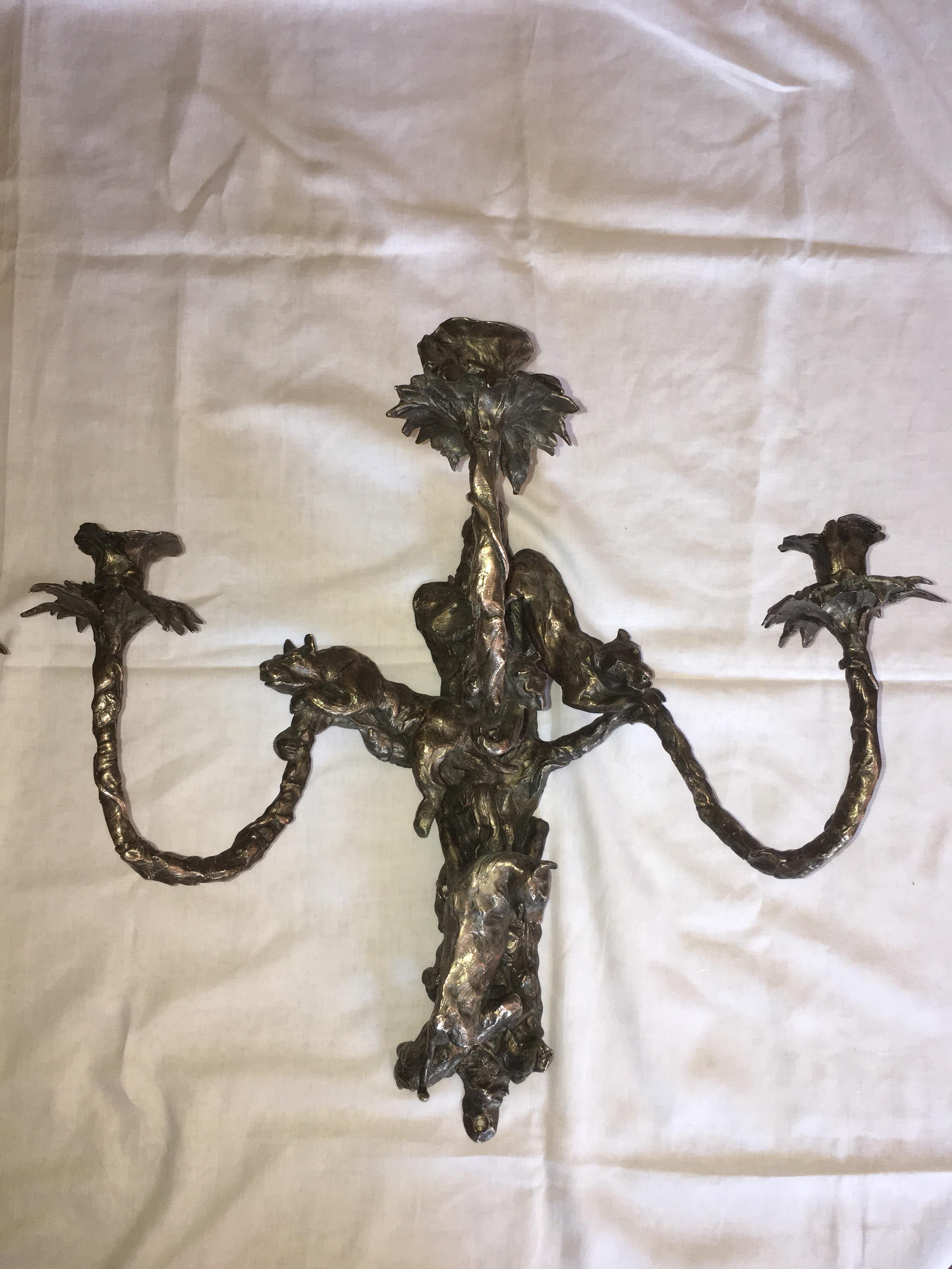 Jose Maria David Pair of Silvered Bronze Wall Candelabra, Panthers Decor, 2006 In Good Condition For Sale In Aix En Provence, FR