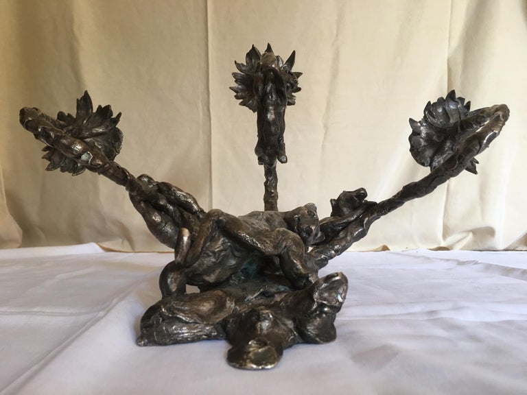 Jose Maria David Pair of Silvered Bronze Wall Candelabra, Panthers