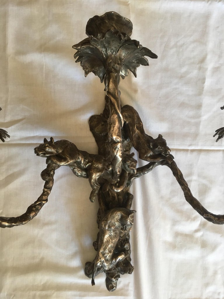 Jose Maria David Pair of Silvered Bronze Wall Candelabra, Panthers