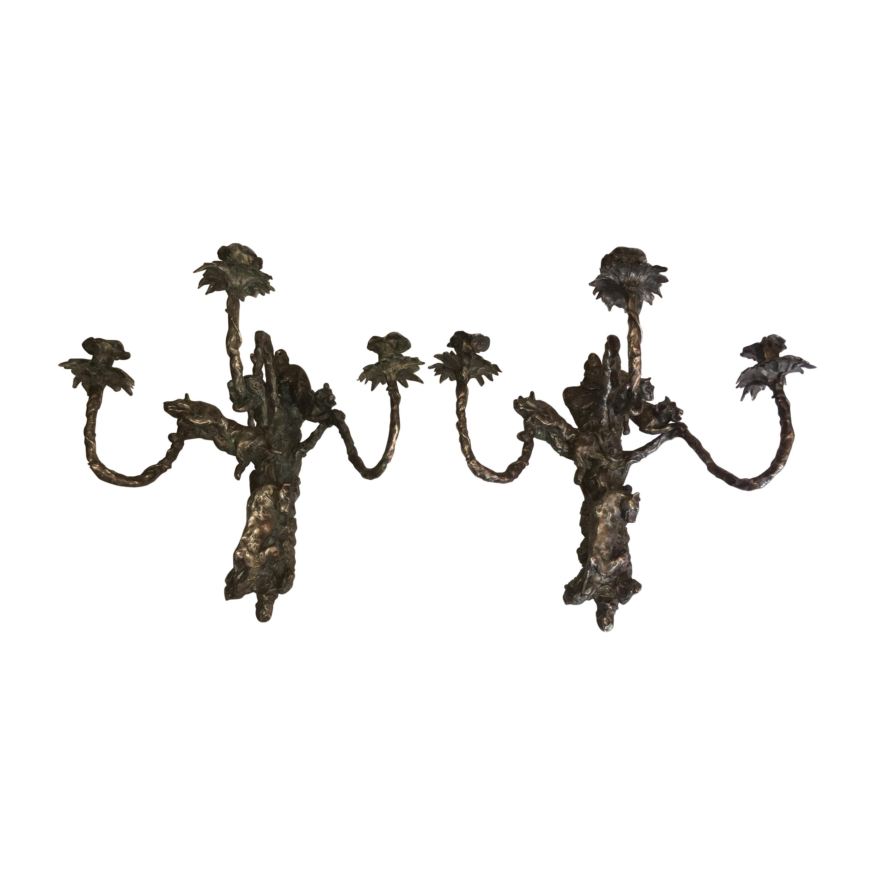 Jose Maria David Pair of Silvered Bronze Wall Candelabra, Panthers Decor, 2006 For Sale