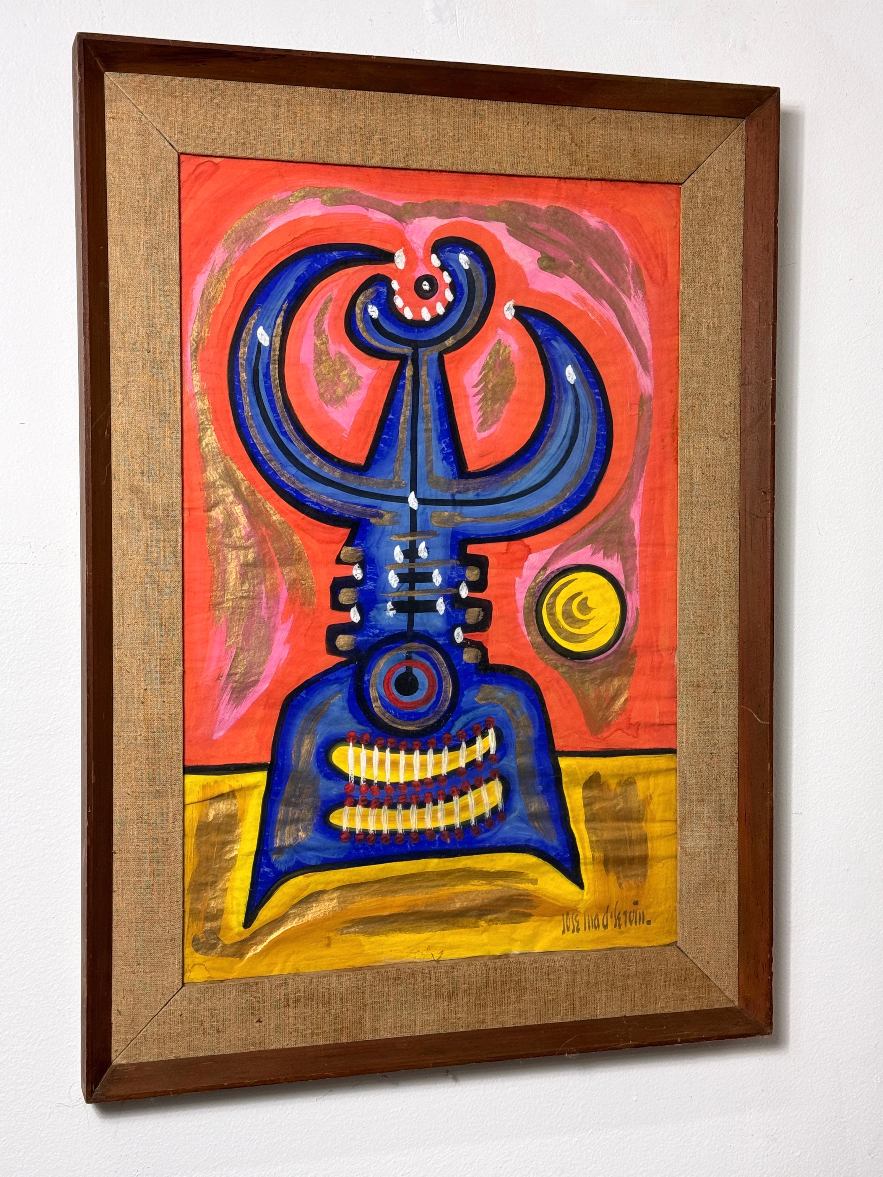 Colorful gouache painting by Mexican artist Jose Maria de Servin
circa 1950s

A modernist folk art piece in bold and vibrant colors with metallic gold accents in original burlap framing.
Signed lower right

framed dimensions
25.75 x 35.75