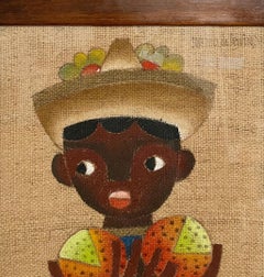 Folk Art Mexican Boy Oil Painting on Burlap Charming Naive African American Art