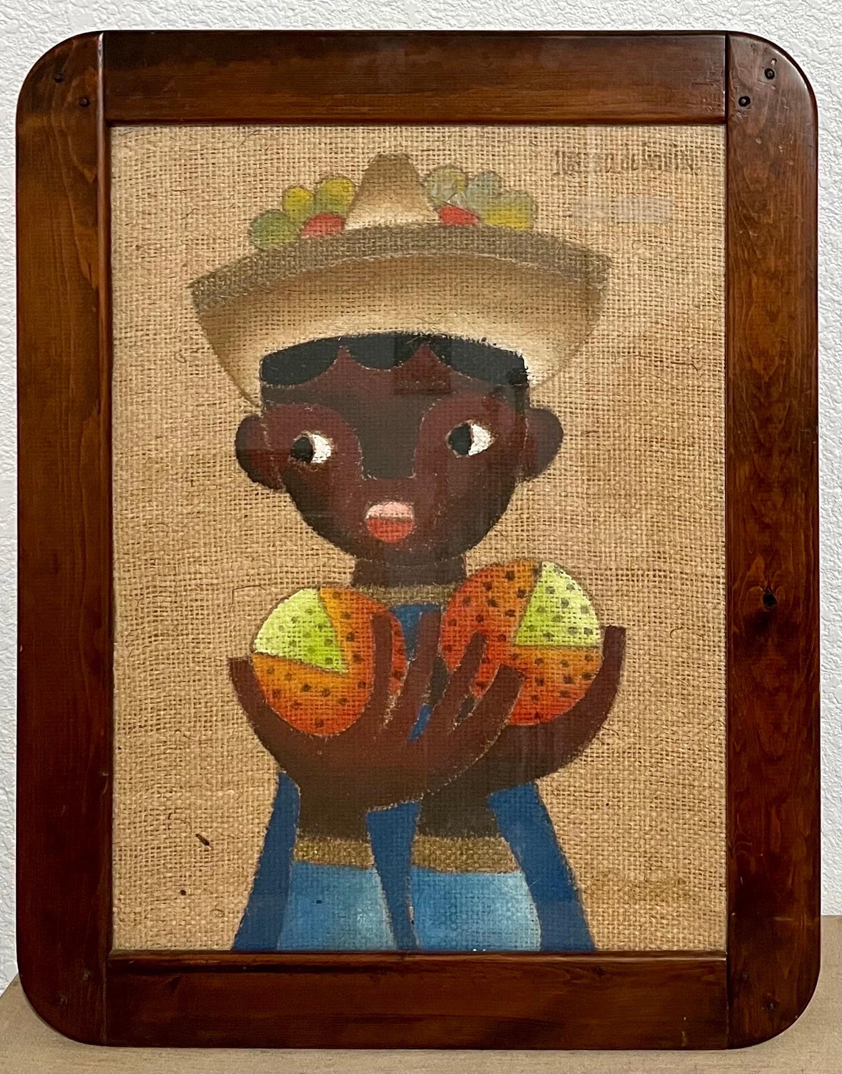 Folk Art Mexican Boy Ölgemälde auf Burlap Charming Naive African American Art (Volkskunst), Painting, von Jose Maria de Servin