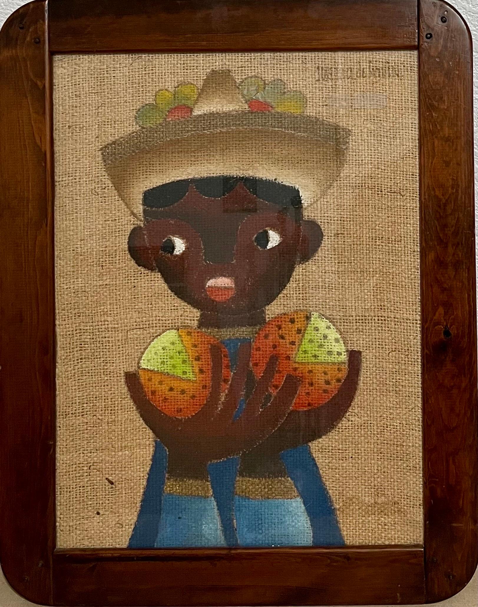Folk Art Mexican Boy Ölgemälde auf Burlap Charming Naive African American Art (Braun), Figurative Painting, von Jose Maria de Servin