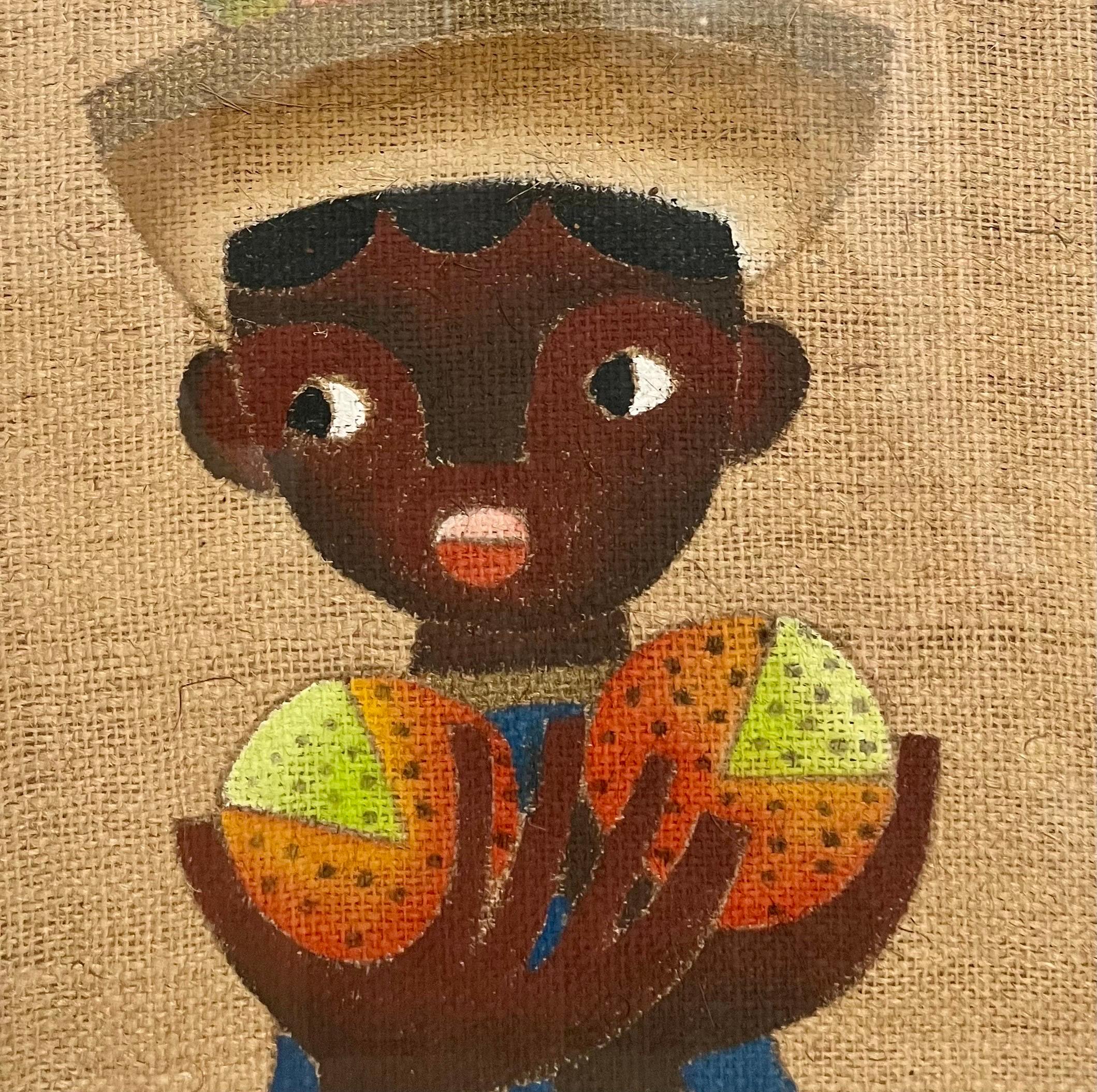 Jose Maria de Servin Figurative Painting - Folk Art Mexican Boy Oil Painting on Burlap Charming Naive African American Art